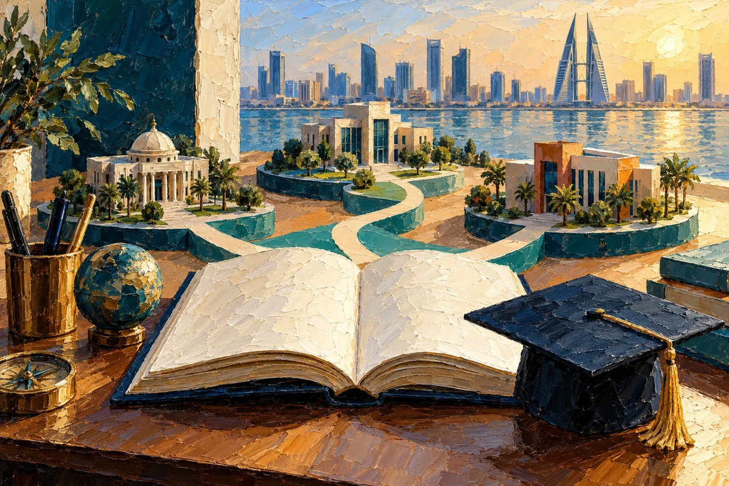Conceptual editorial illustration for universities in bahrain.