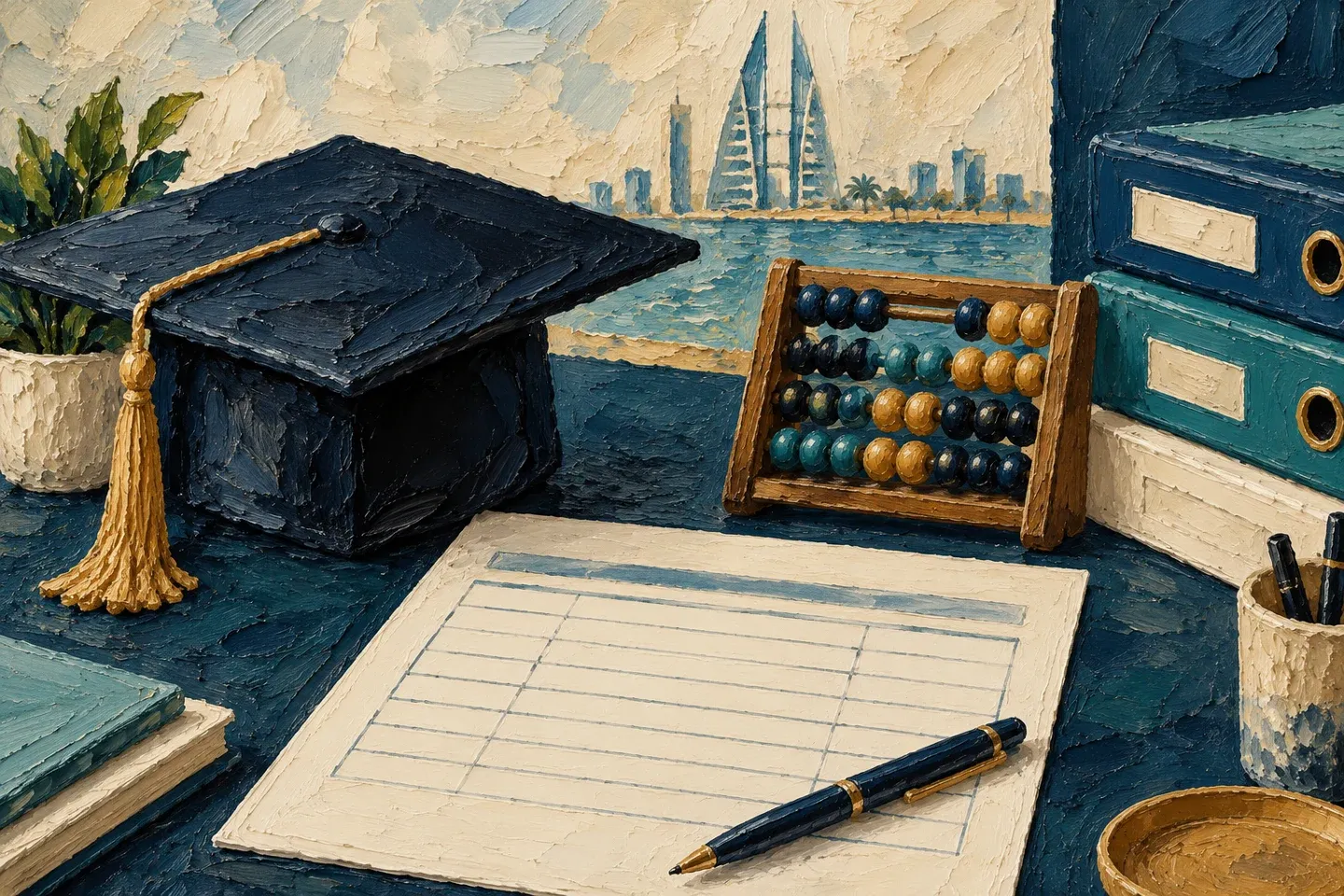 Conceptual editorial illustration for university of bahrain fees.