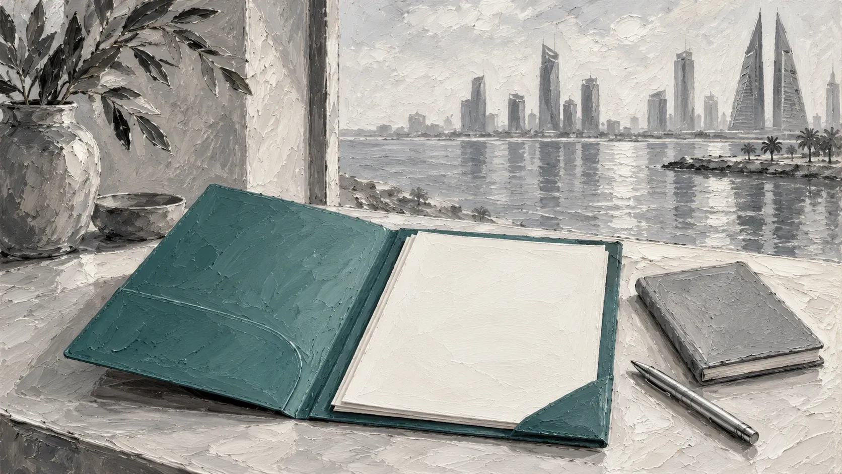 An open teal document folder with blank papers beside a notebook and silver pen.