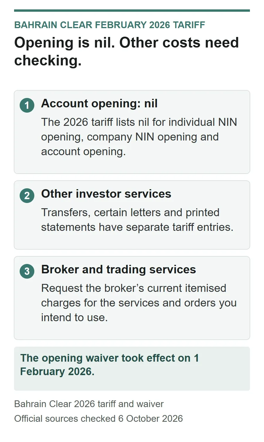 Fee distinction: Bahrain Clear account-opening entries are nil in the February 2026 tariff, while other investor services and broker charges need separate checks.