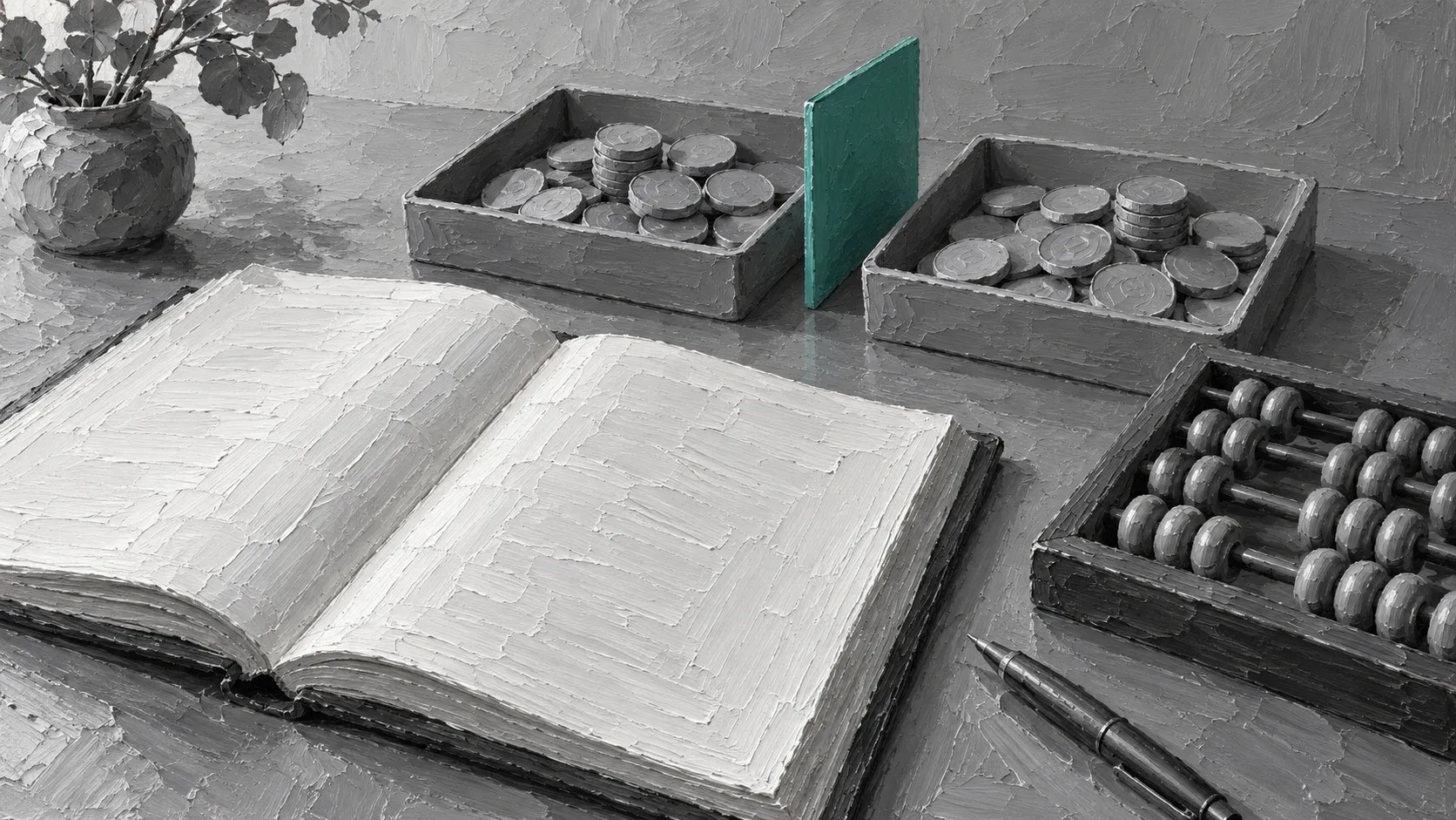 Hand-painted blank ledger and abacus beside two trays of gray coins separated by a teal divider.