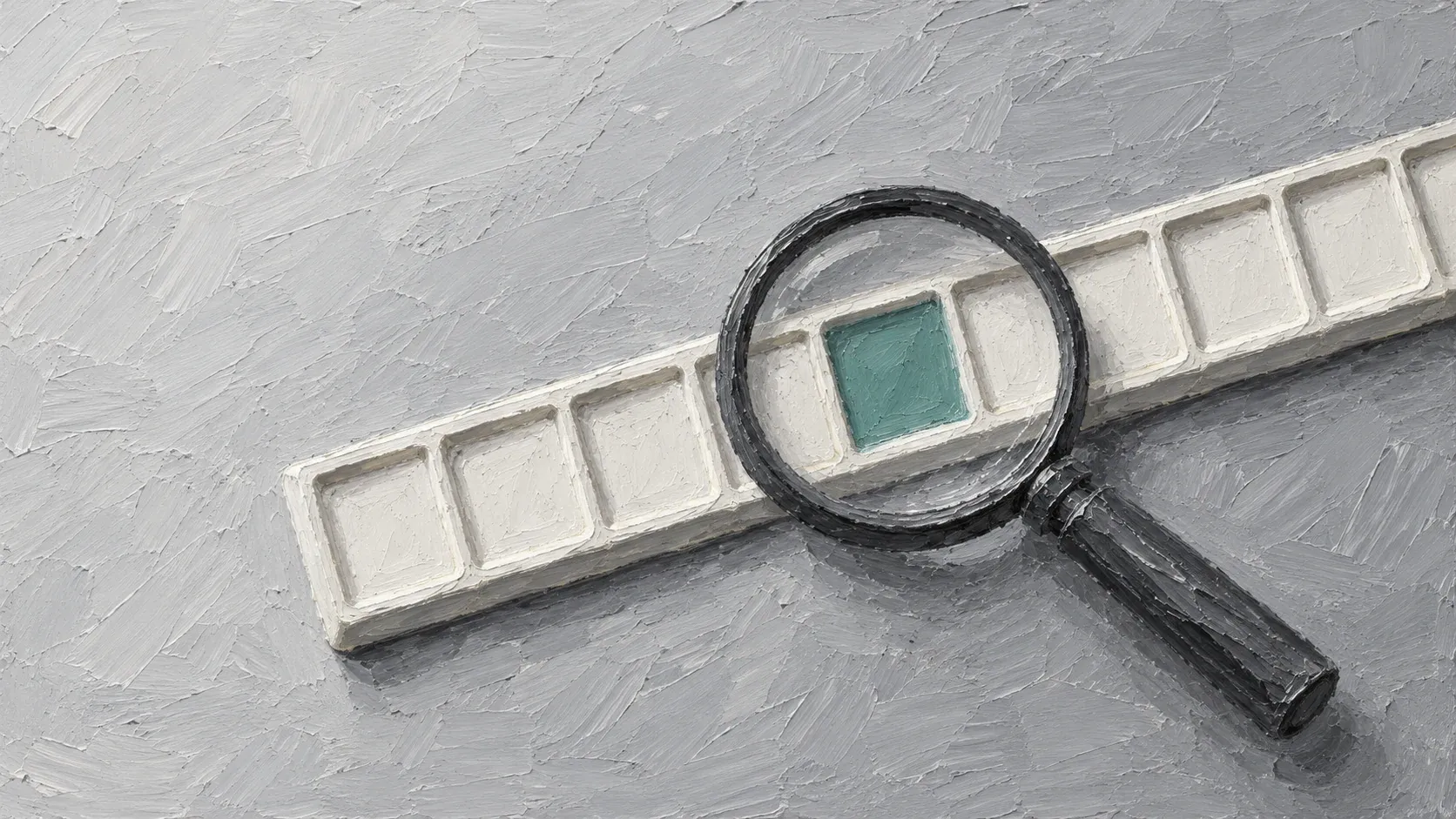 A charcoal magnifying glass over a blank segmented strip with one muted teal compartment in an impasto painting.