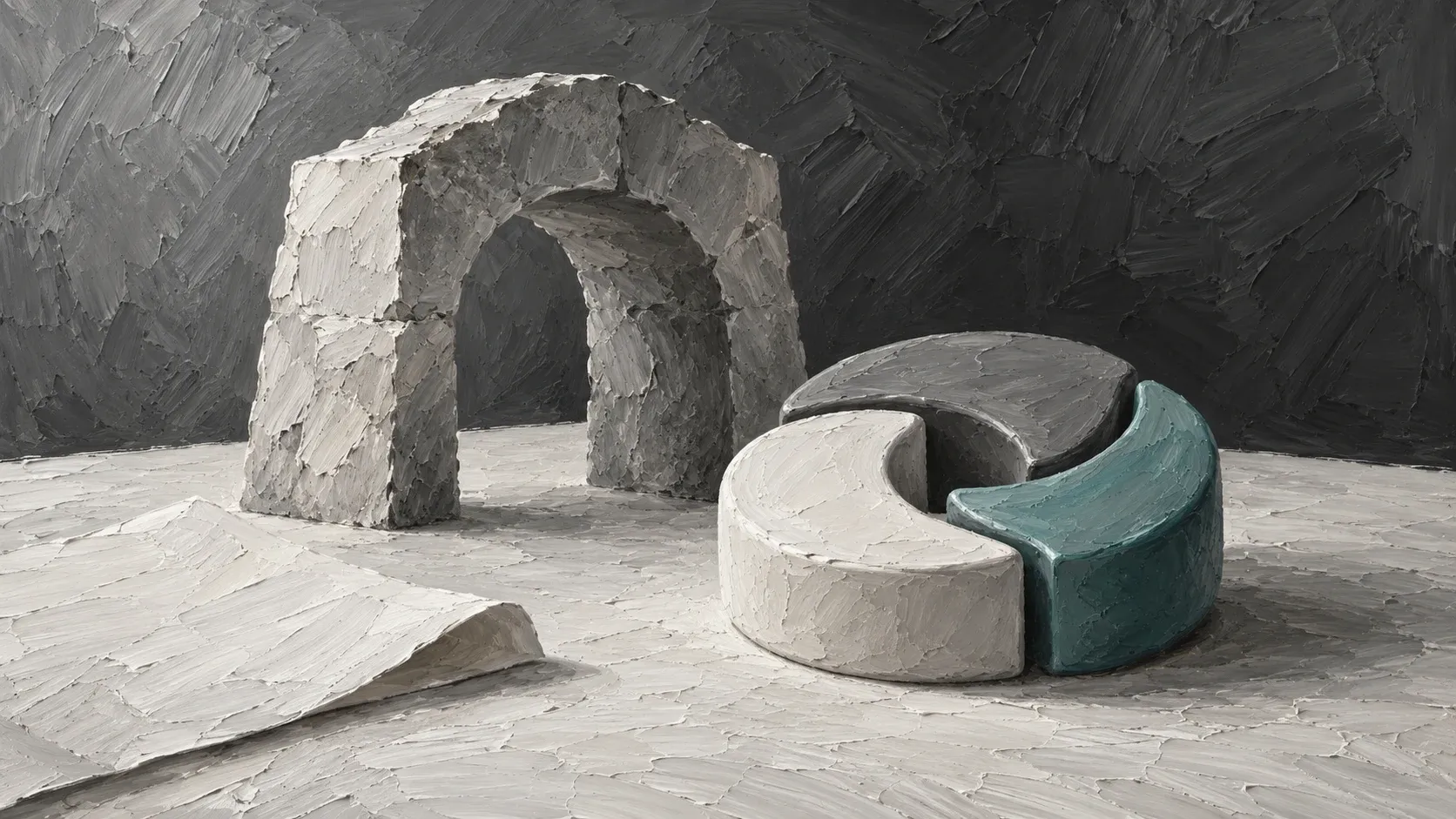 A stone arch and curved ceramic pieces, one muted teal, in a thickly painted still life.