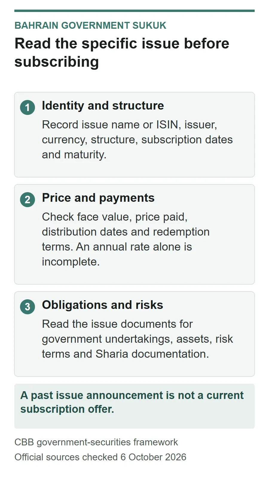 Sukuk issue-reading checklist: identify the security and structure, check price and payment dates, then read issuer obligations and risks.