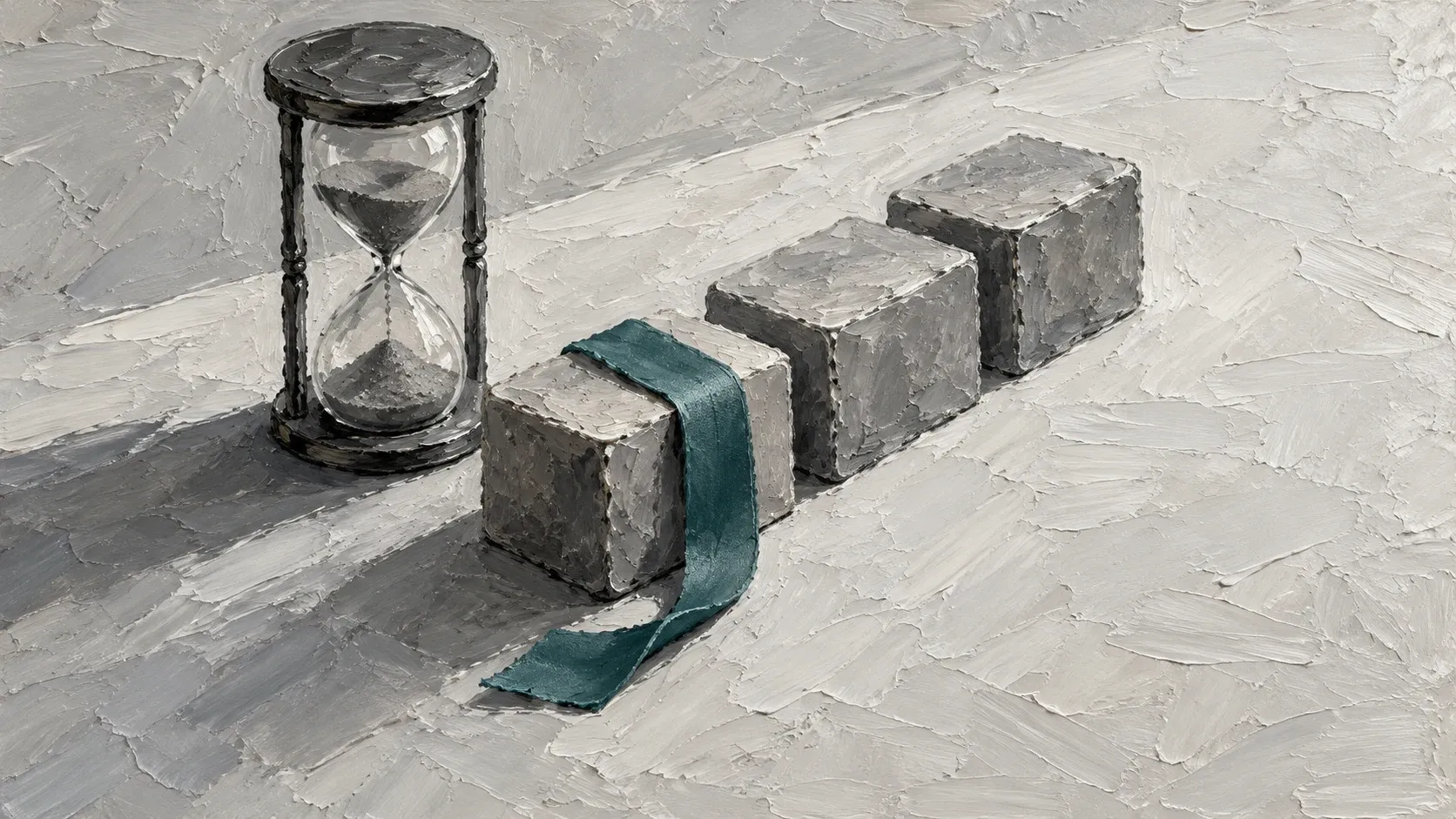 An hourglass beside three stone blocks and a muted teal ribbon in a grayscale oil painting.