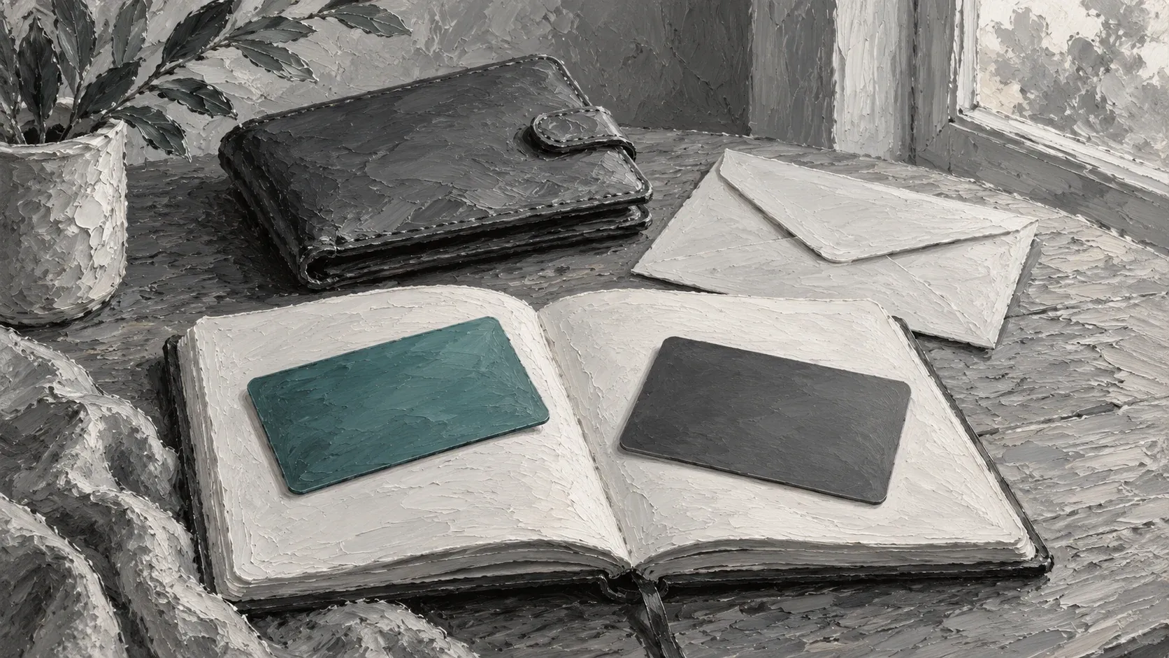 Two blank cards, one teal and one gray, on an open notebook beside a wallet and envelope.