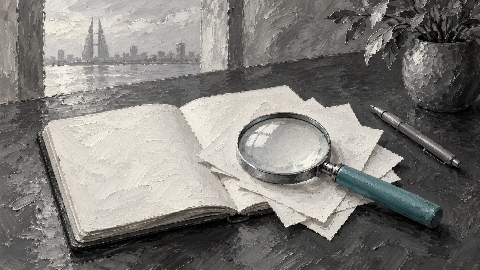A teal-handled magnifying glass over blank papers and a notebook beside a gray pen.