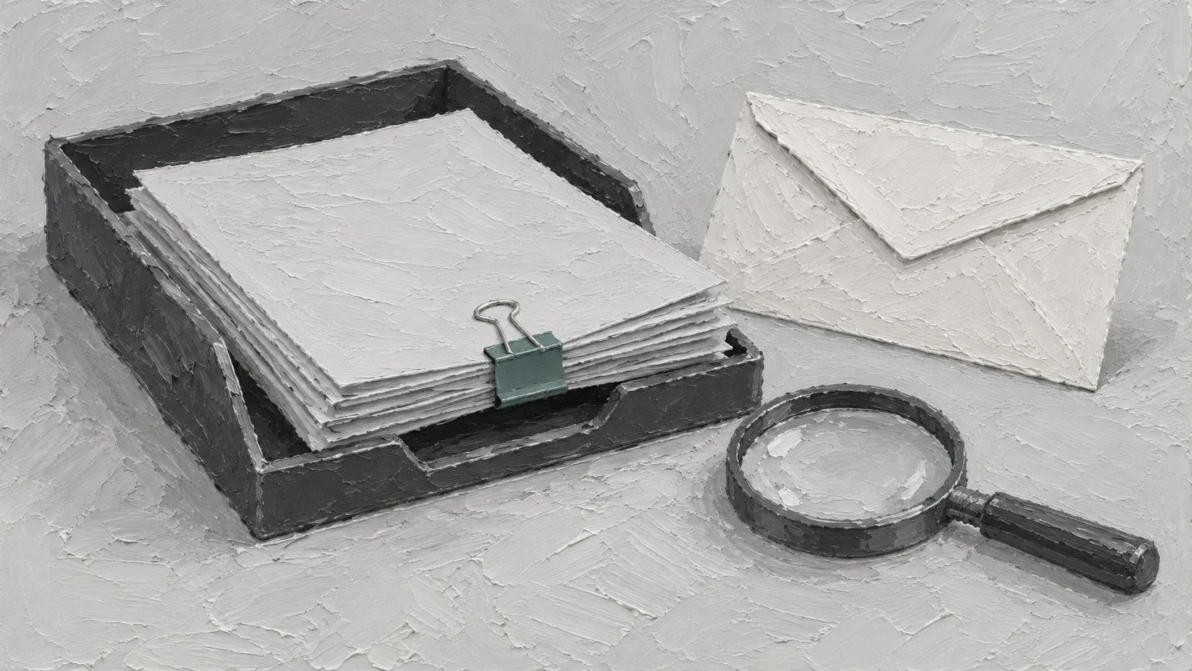 Blank papers in a gray document tray with one teal binder clip, beside an envelope and magnifying glass.