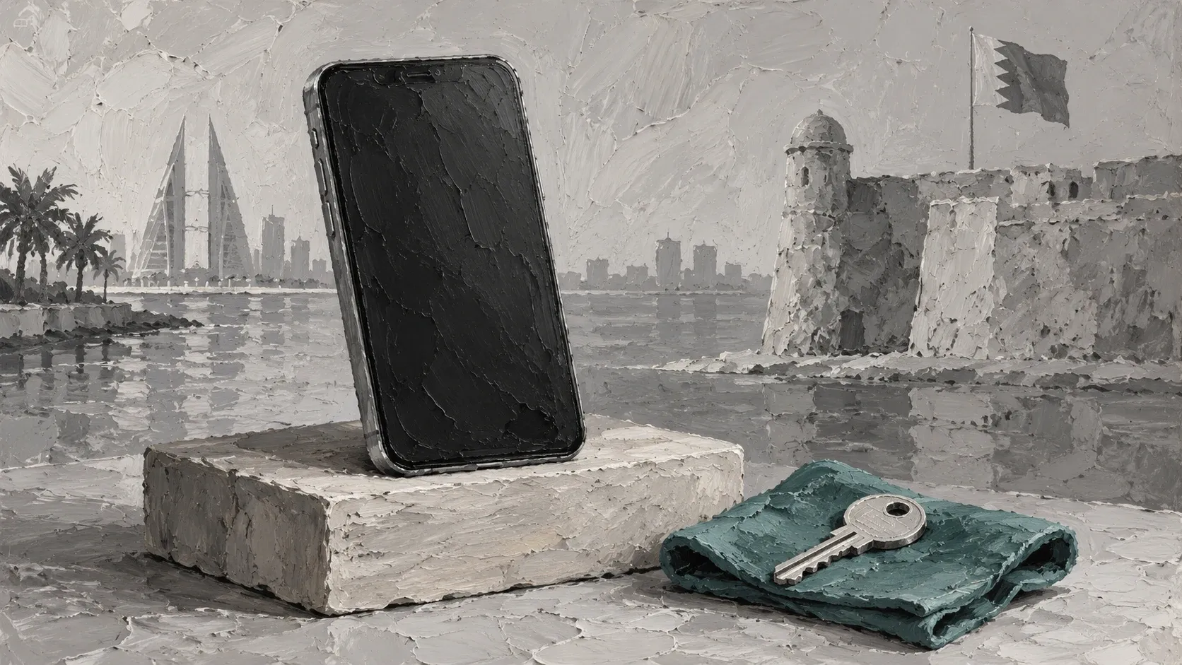A blank smartphone and key on muted teal cloth, painted in grayscale impasto against a conceptual Bahrain waterfront.