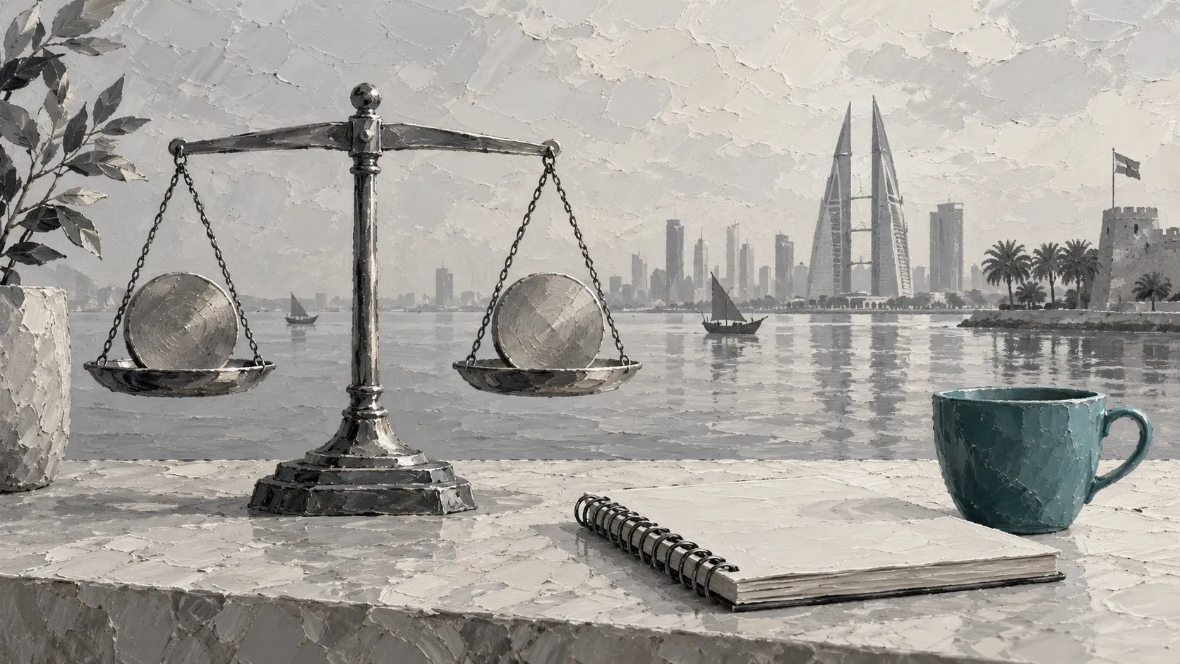 Blank metal discs on a balance scale beside an open notebook and a muted teal cup, painted in grayscale impasto.
