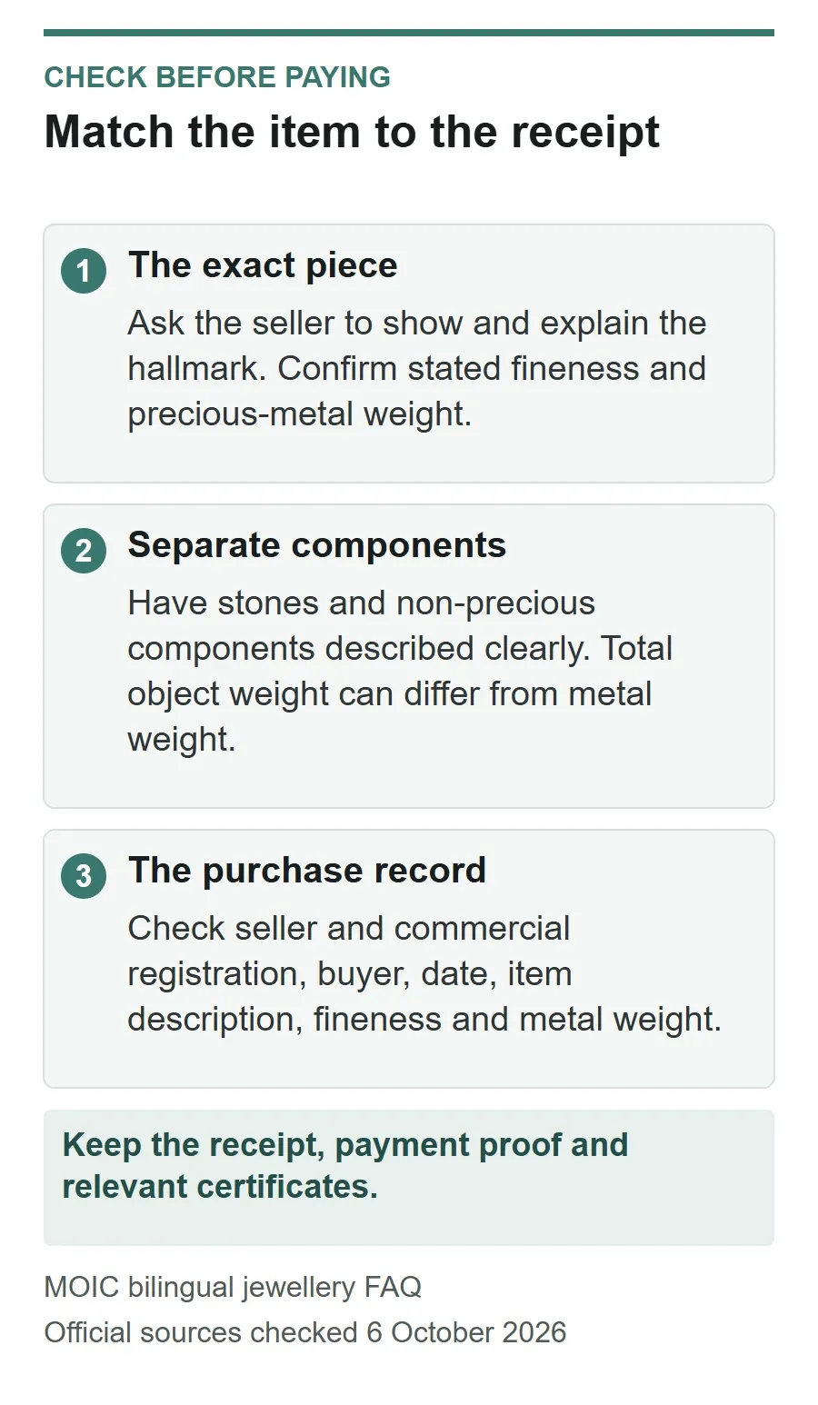 Checklist matching a jewellery piece and its receipt: hallmark, fineness, metal weight, other components and purchase details.