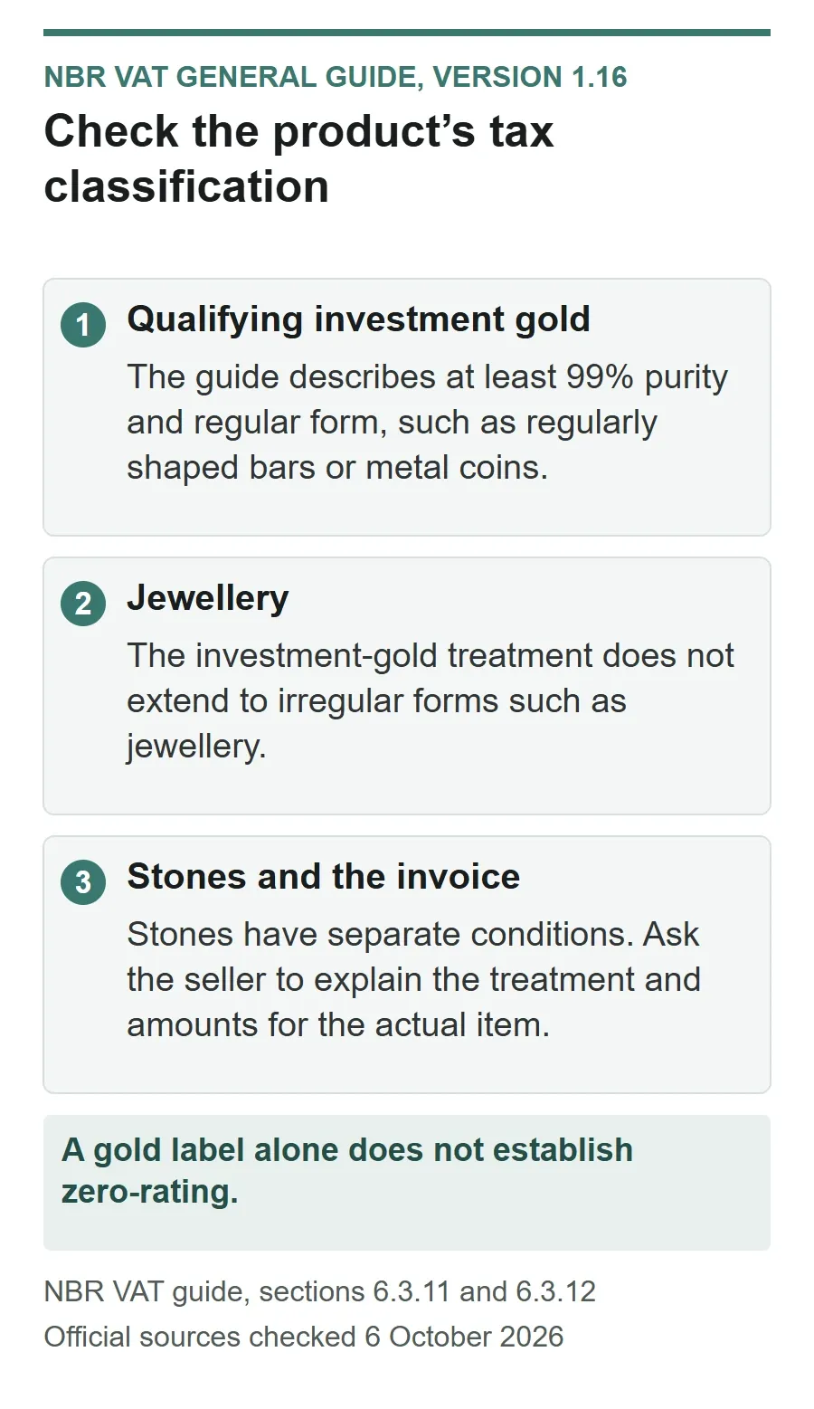 Tax classification distinction between qualifying investment-grade gold, jewellery and separately conditioned precious stones, with the actual invoice requiring explanation.