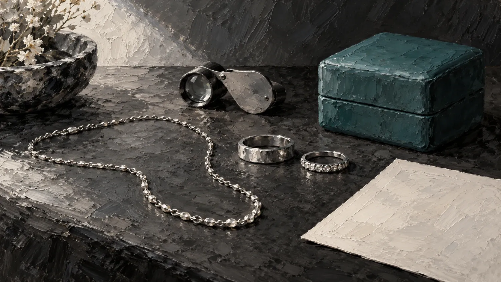 Impasto painting of jewellery, a loupe and blank receipt beside a teal jewellery box.
