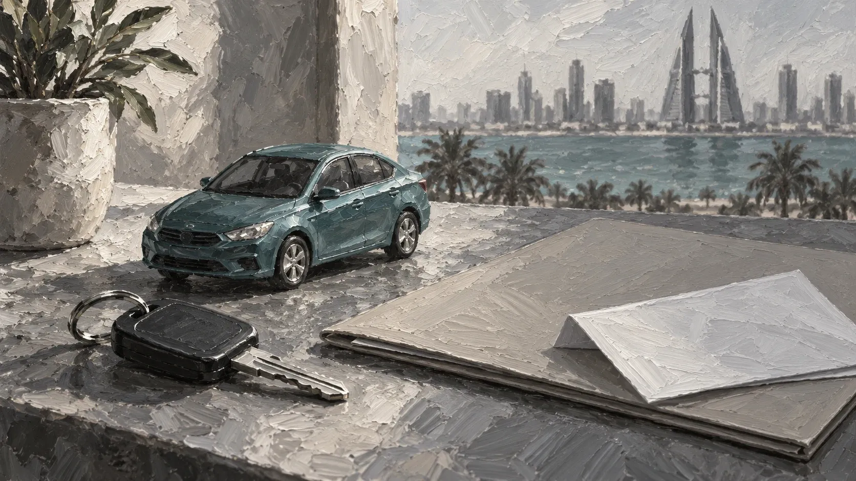 A car model, blank folder and key in a hand-painted tabletop still life.