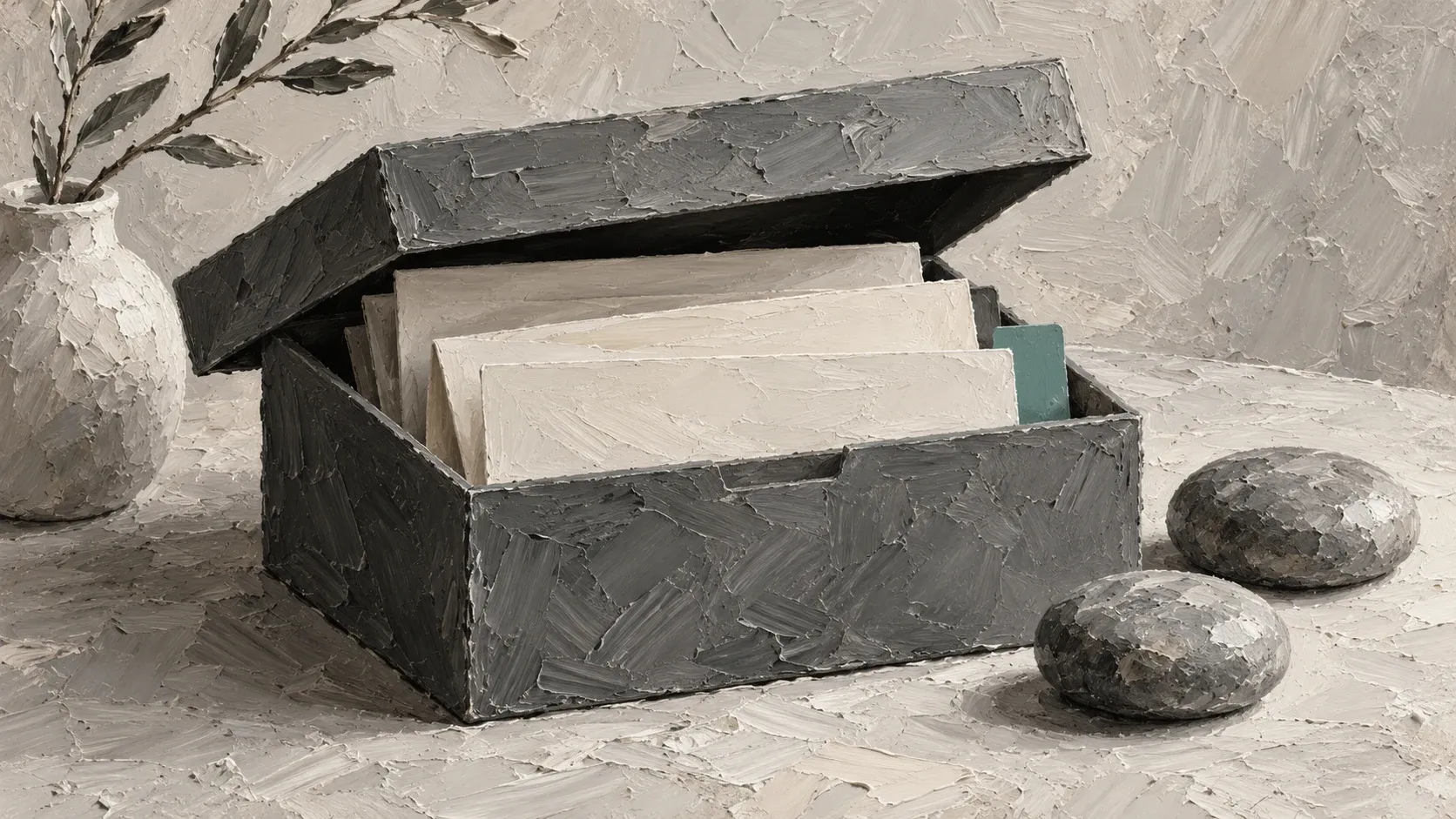 Impasto painting of a gray file box with blank papers, stone weights and a muted teal divider.