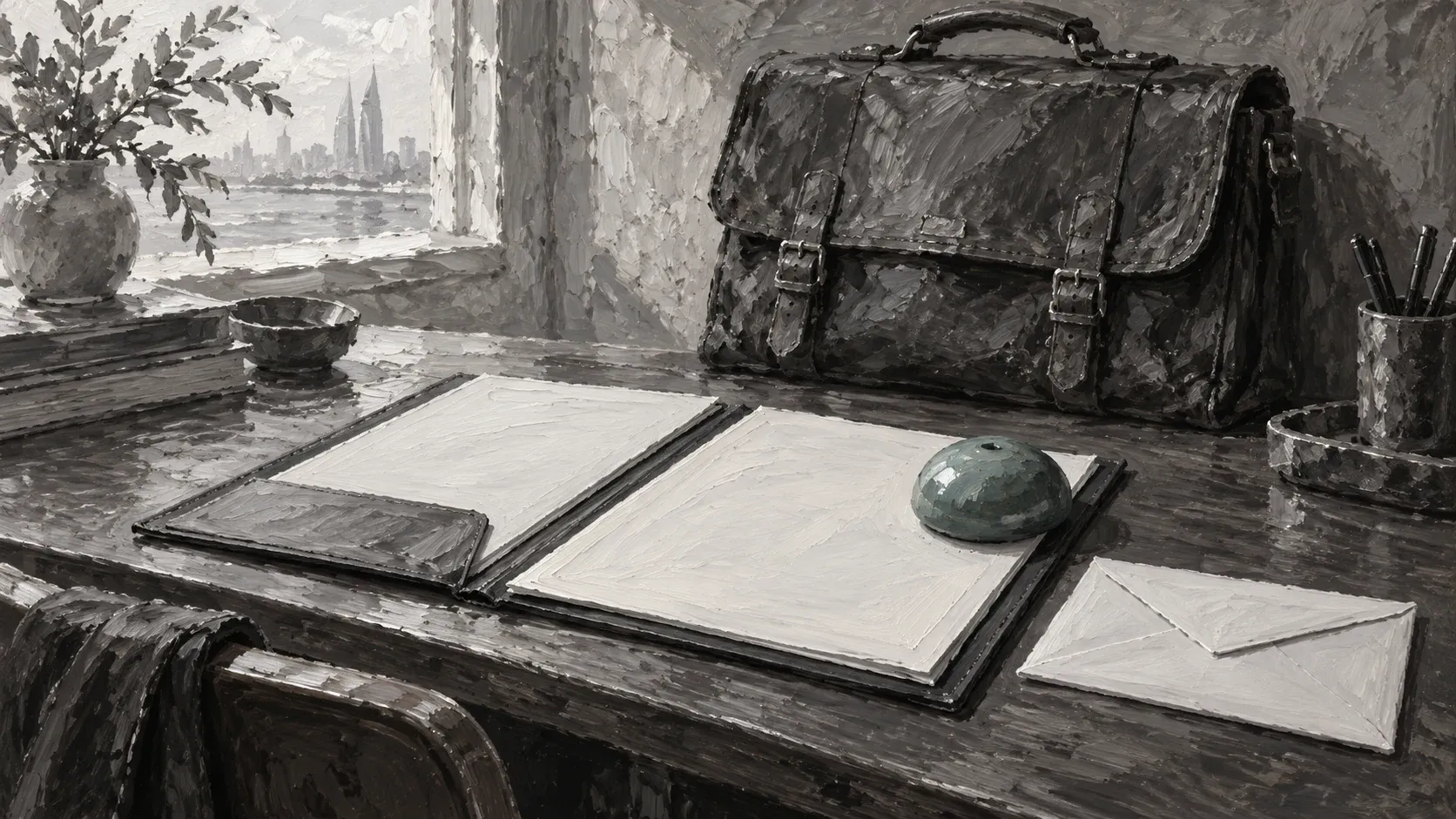 A work satchel, blank document folder and envelope beside a teal paperweight in a painted still life.