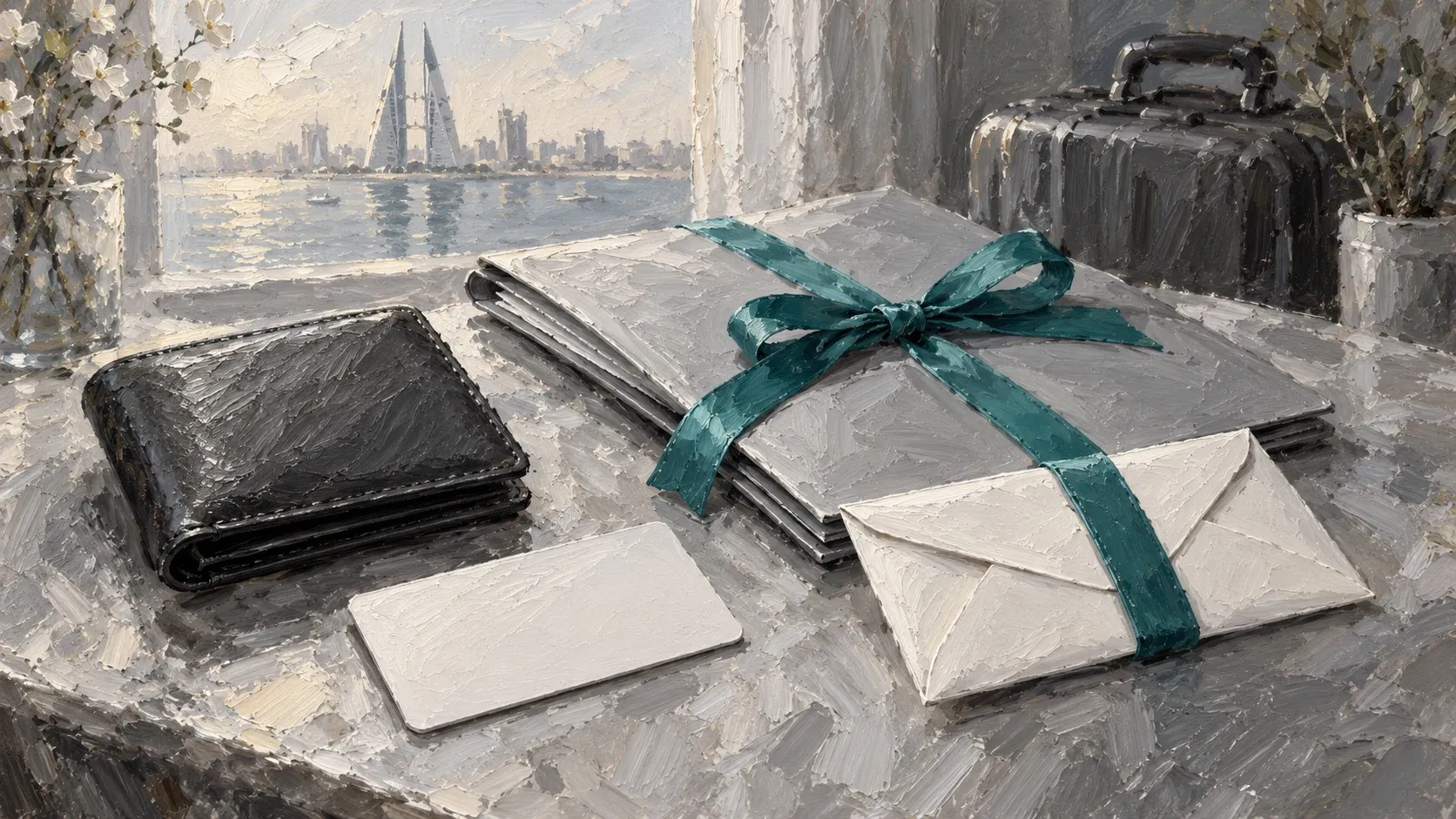 A wallet and blank card beside a document folder and envelope tied with a teal ribbon.