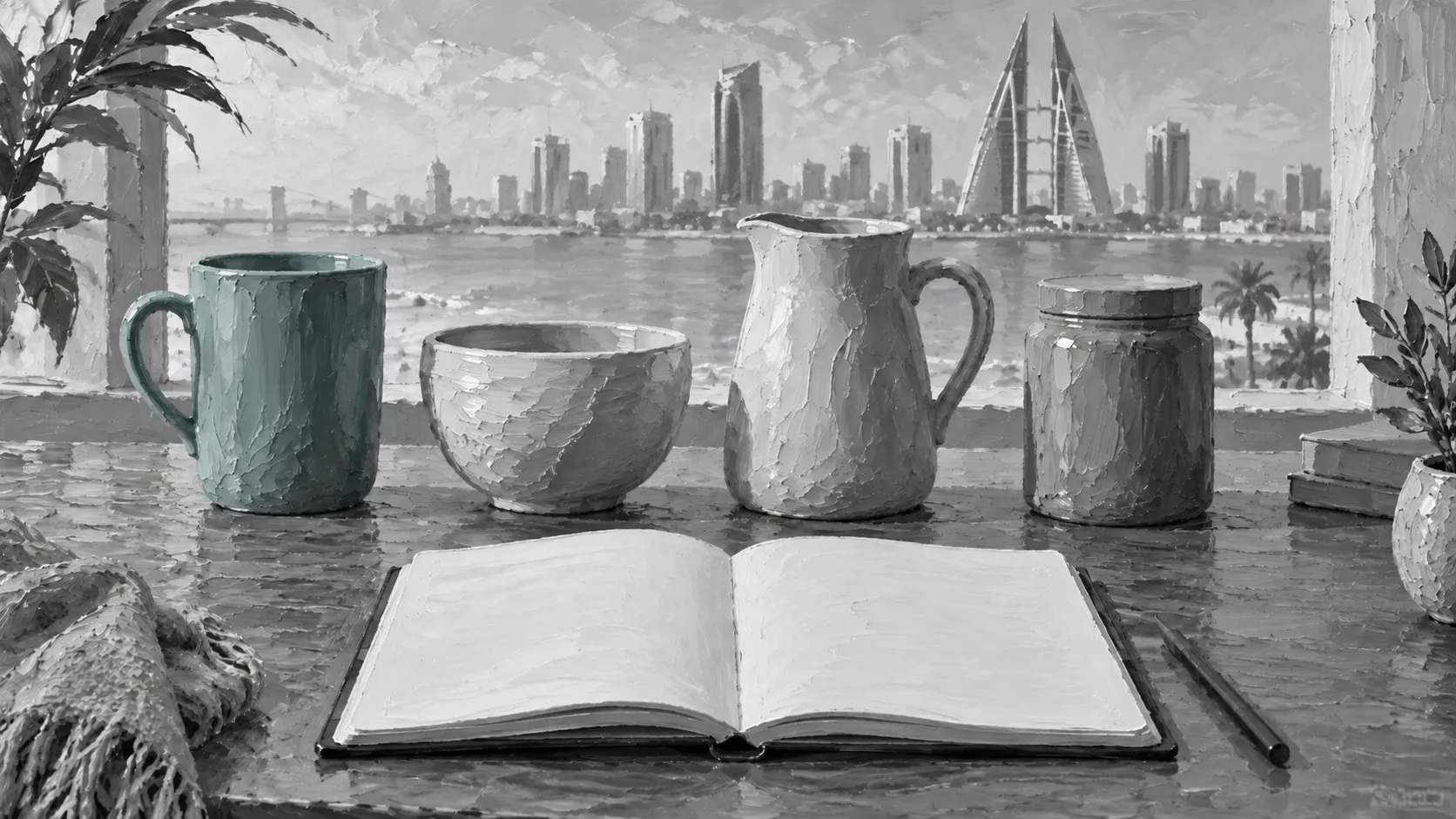 Four different ceramic vessels beside a blank notebook in a hand-painted bank-comparison illustration.