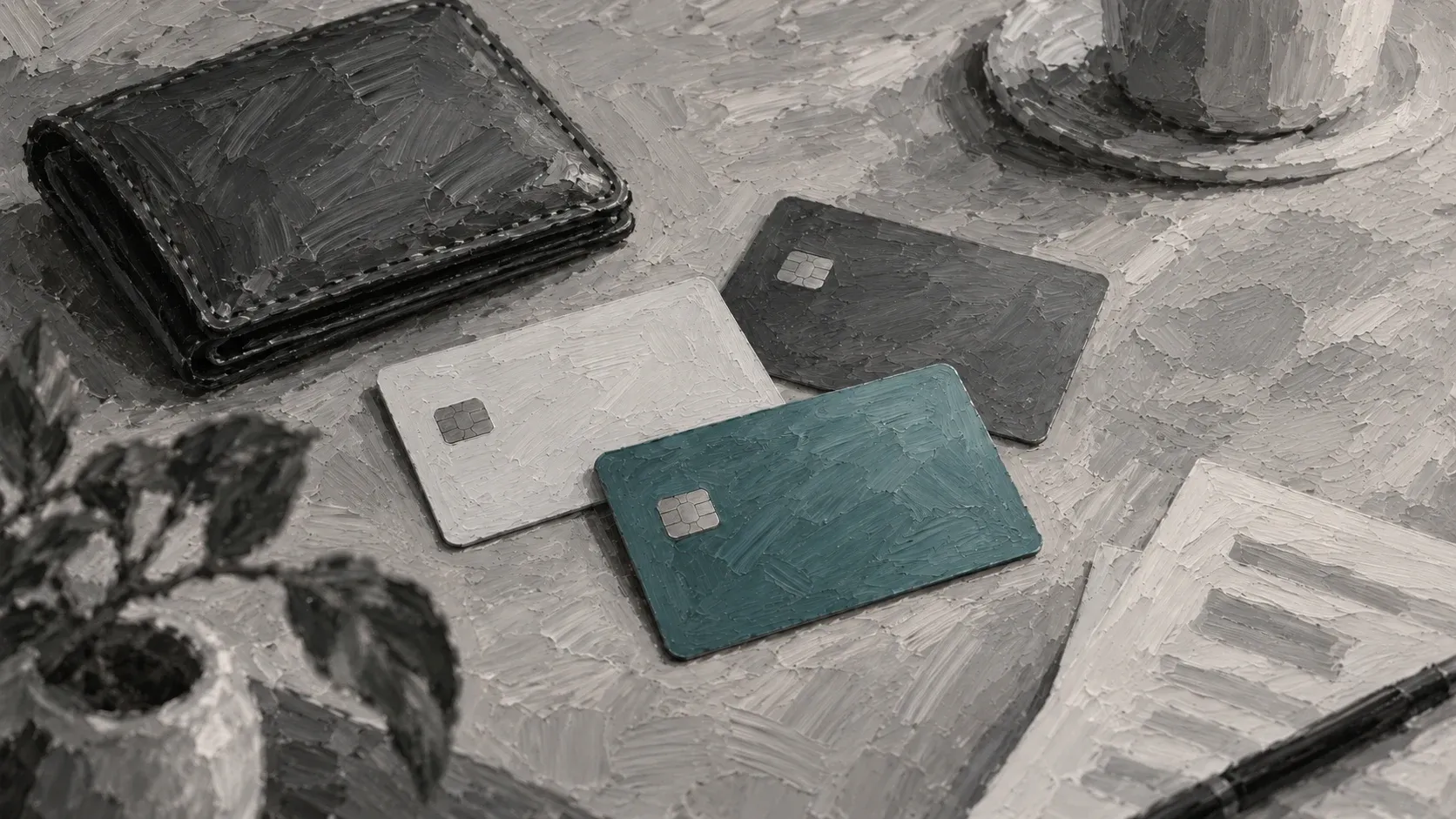 Blank payment cards and wallet painted in grayscale with one teal card.