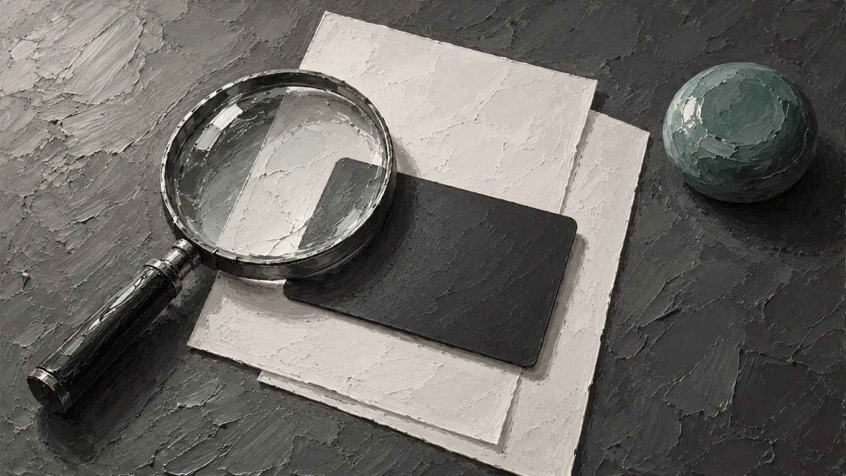 A magnifying glass over a blank dark card and blank paper, beside a muted teal paperweight in an impasto painting.