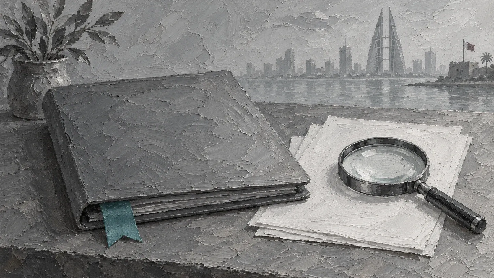 A blank folder and magnifying glass in a hand-painted credit-record review illustration.