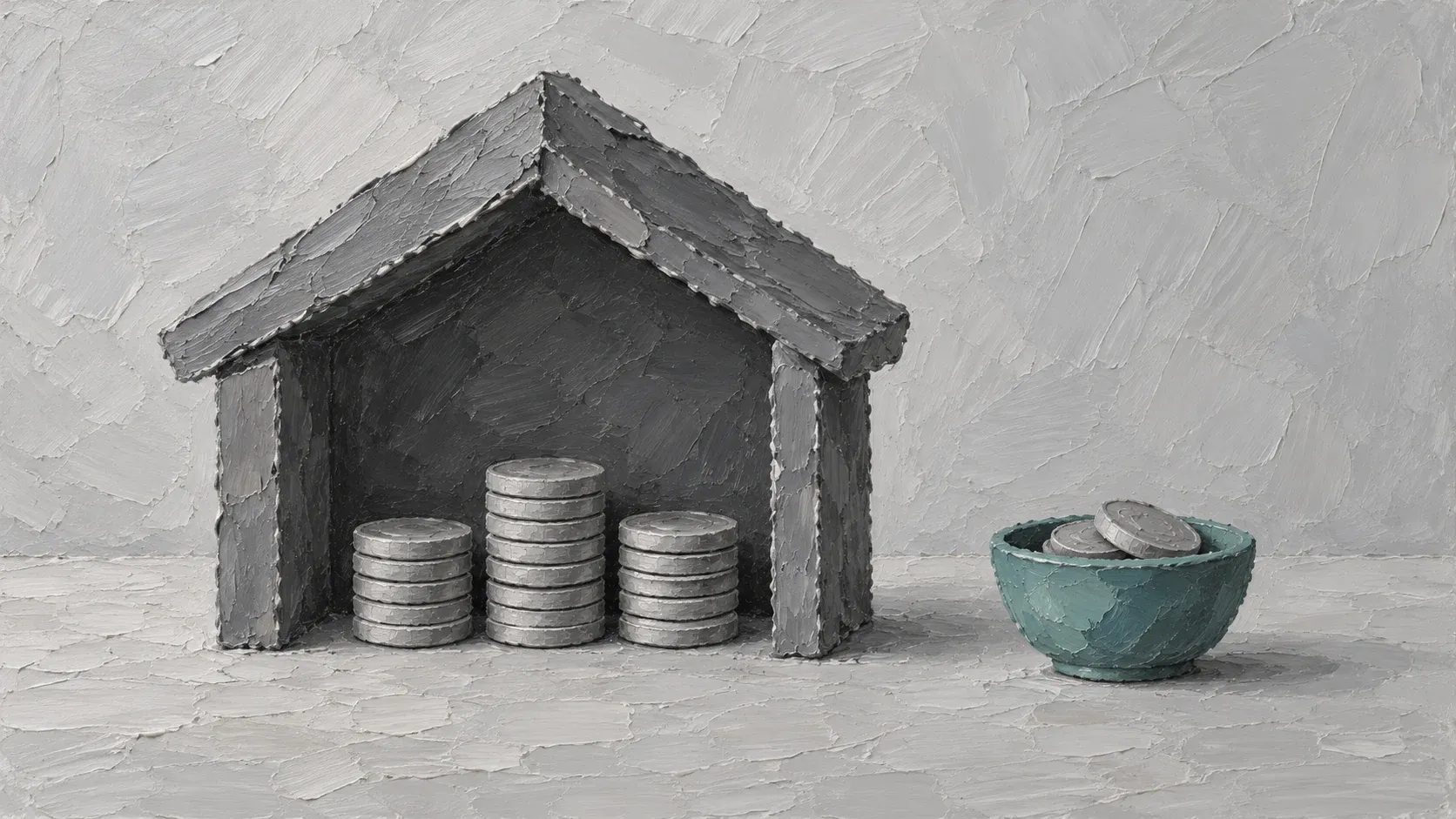 Gray coin stacks beneath a small stone shelter, beside one muted teal bowl, painted in thick impasto.