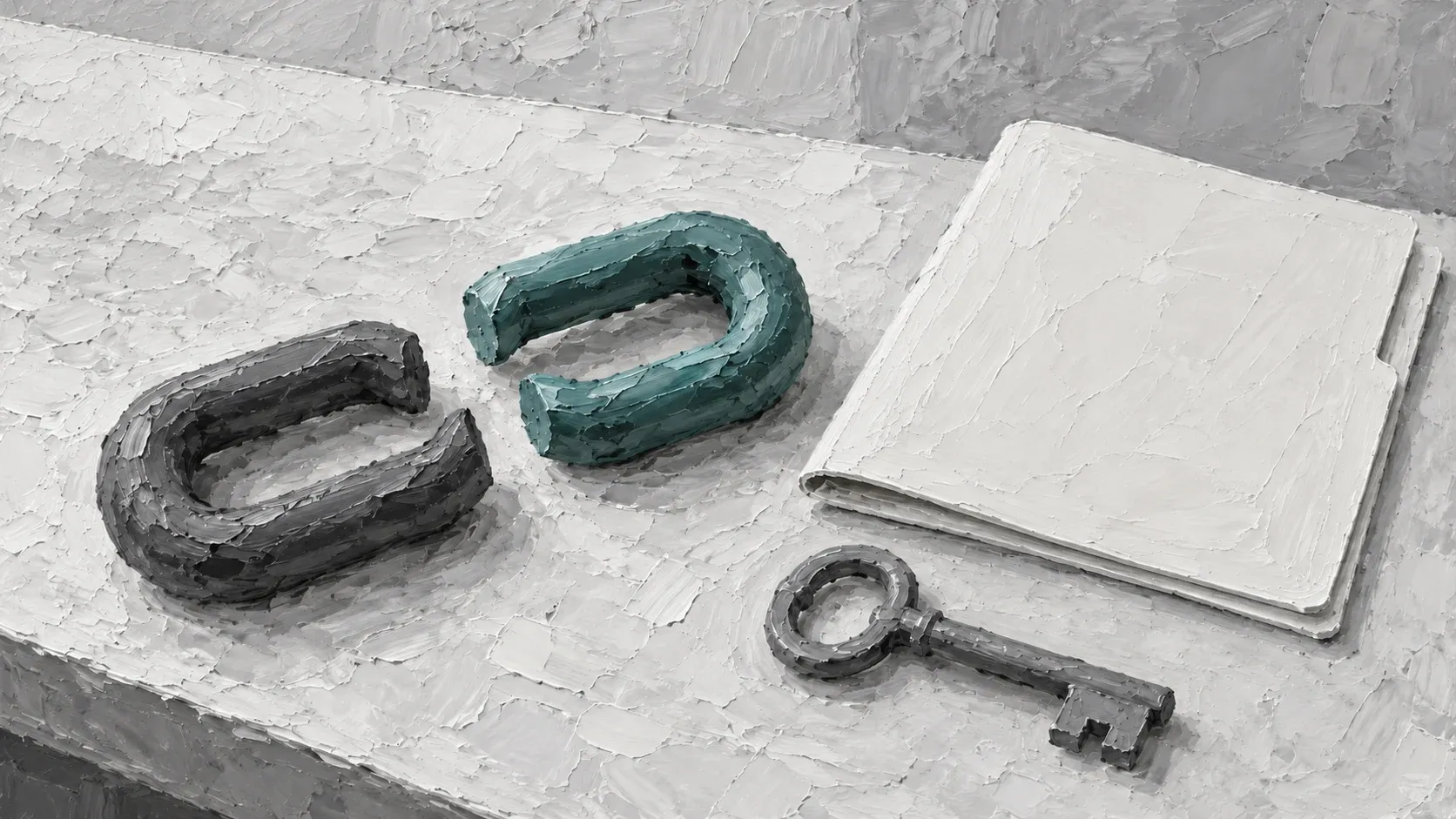 Two separated open chain links beside a blank folder and gray key, with one link painted muted teal.