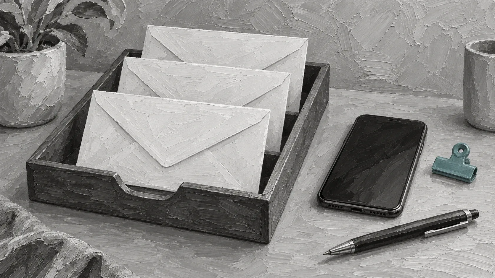 Blank bills in a tray beside a phone and teal clip in a hand-painted illustration.