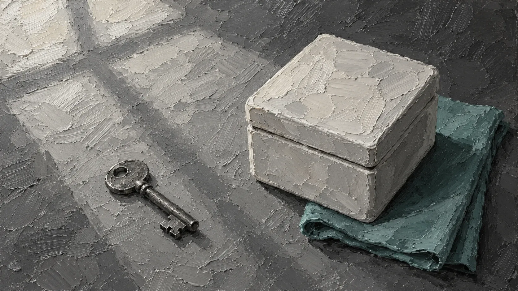 A closed ceramic box, plain key and muted teal cloth painted with thick oil brushstrokes.