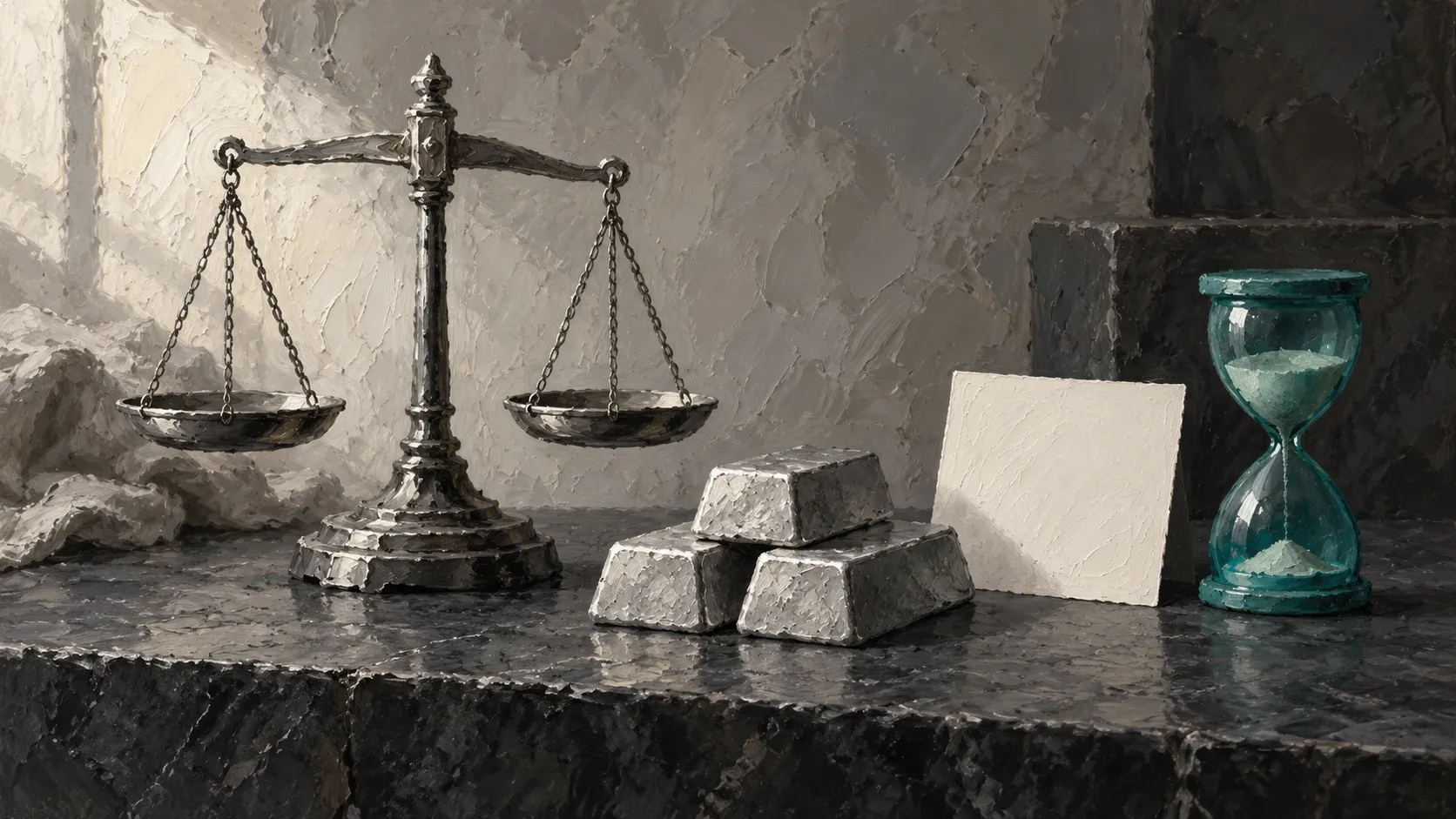 Impasto painting of a balance scale, plain metal bars and a teal hourglass.