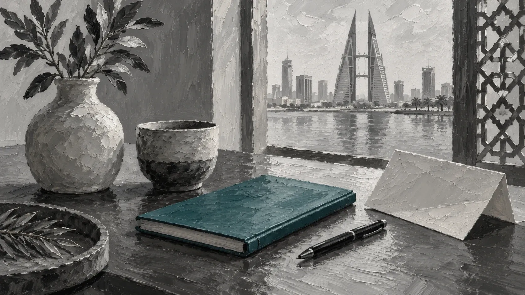 A teal notebook, blank papers and ceramic vessels in a hand-painted still life.