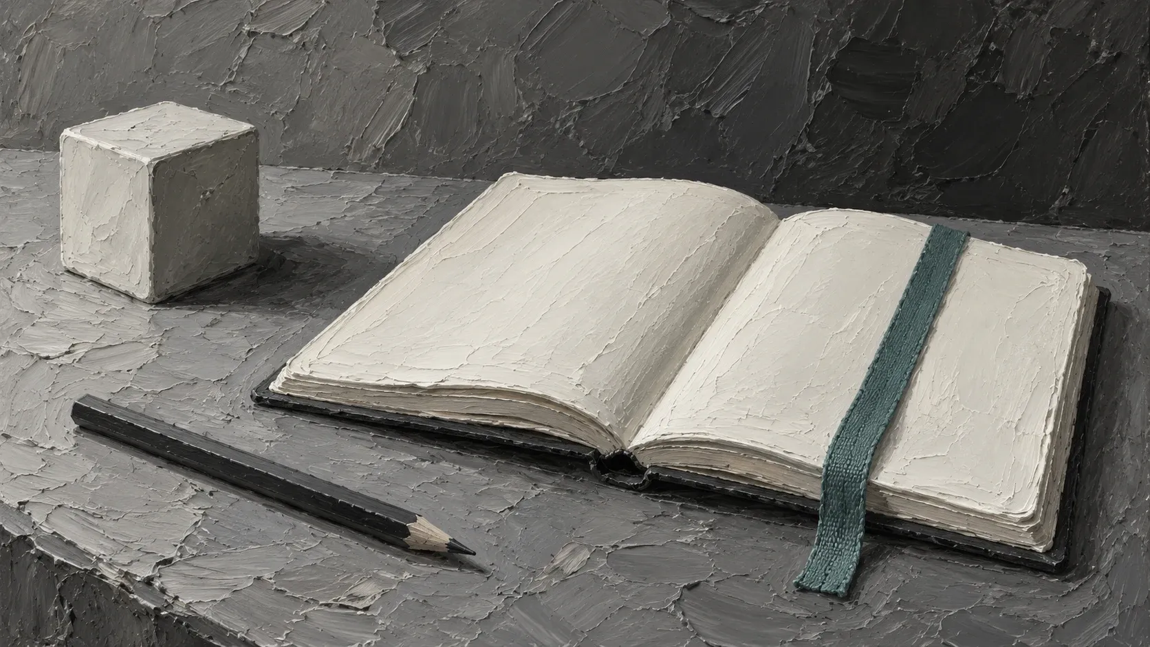 A blank notebook, pencil and ceramic cube with a muted teal bookmark in a thickly painted still life.