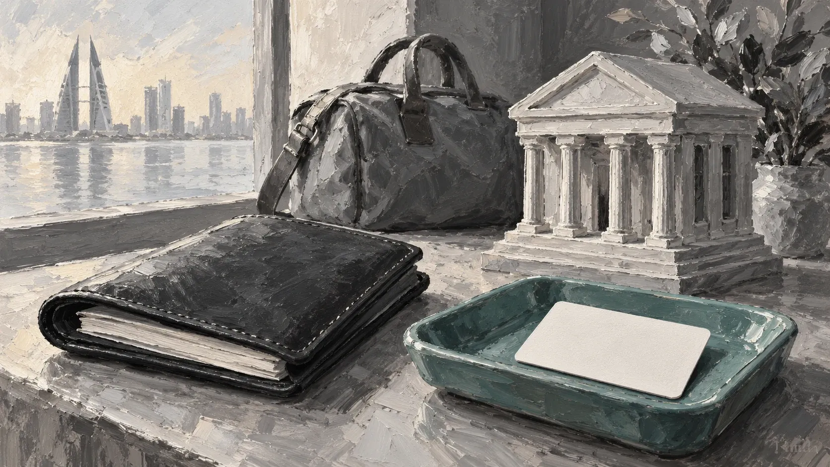 A travel wallet, bag and model bank beside a teal tray holding a blank card in a painted still life.