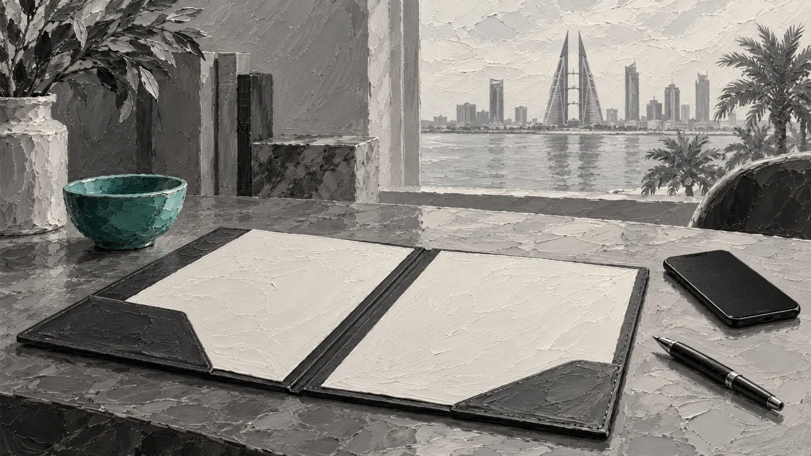 Blank account-opening papers, a pen and a phone in a hand-painted still life.