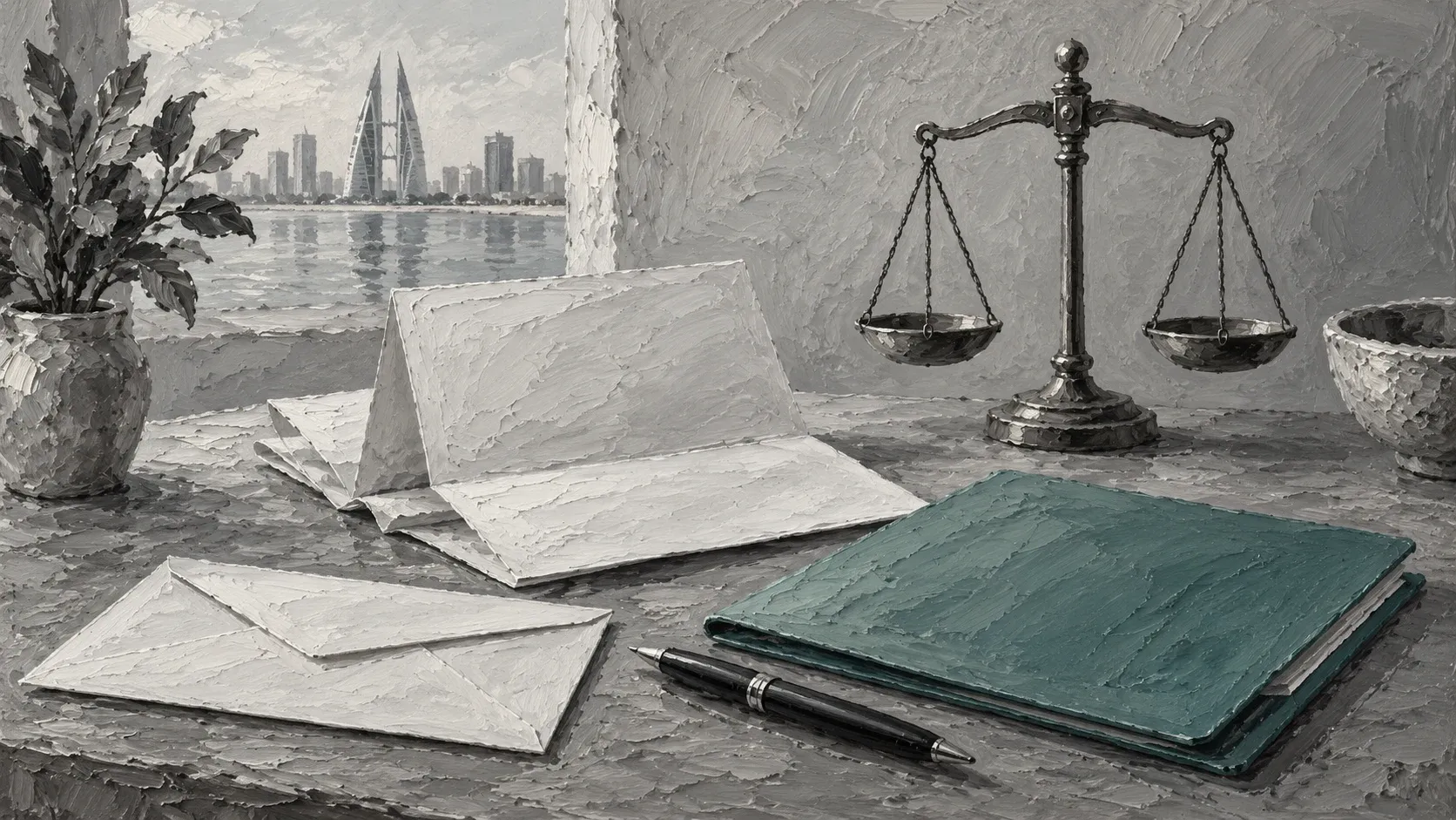 Blank loan papers, a folder and balance scale in a hand-painted still life.