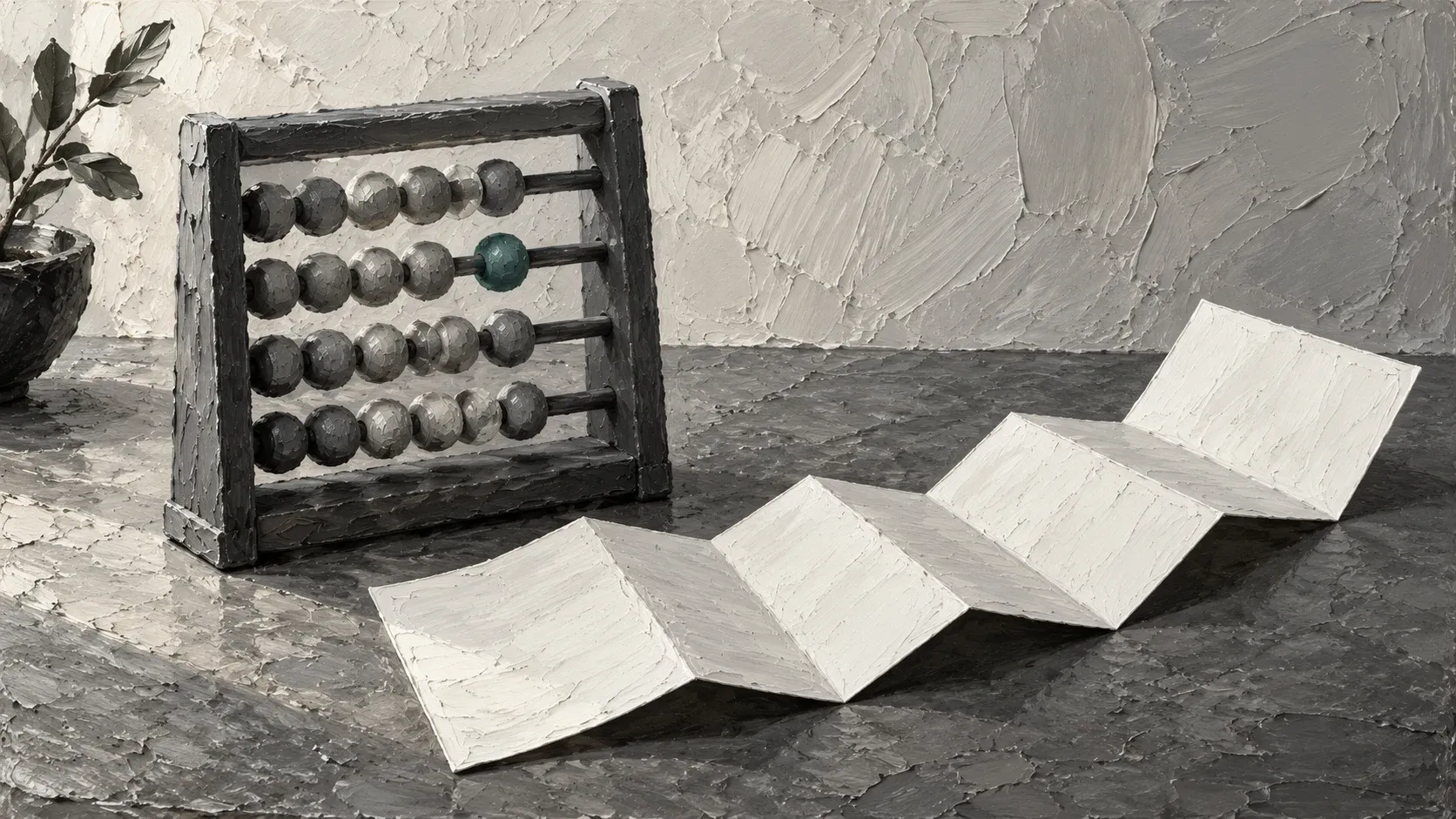 Impasto painting of a gray abacus with one teal bead beside a blank folded paper strip.