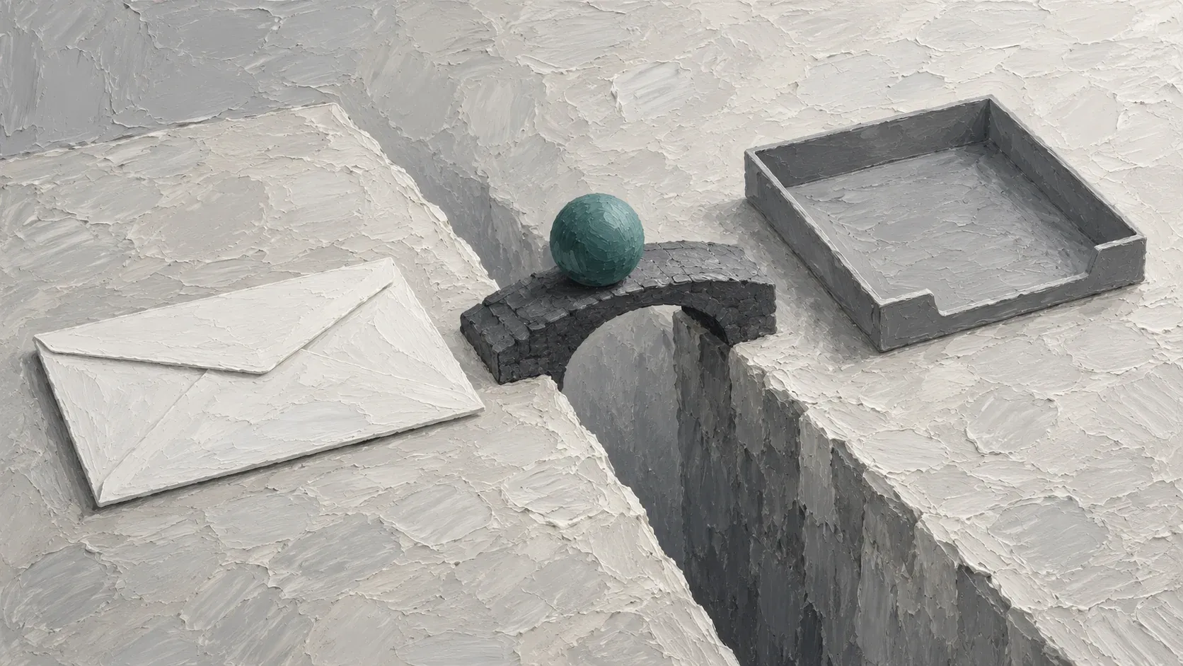 A teal sphere rests on a small charcoal bridge between a blank pay envelope and an empty receiving tray.