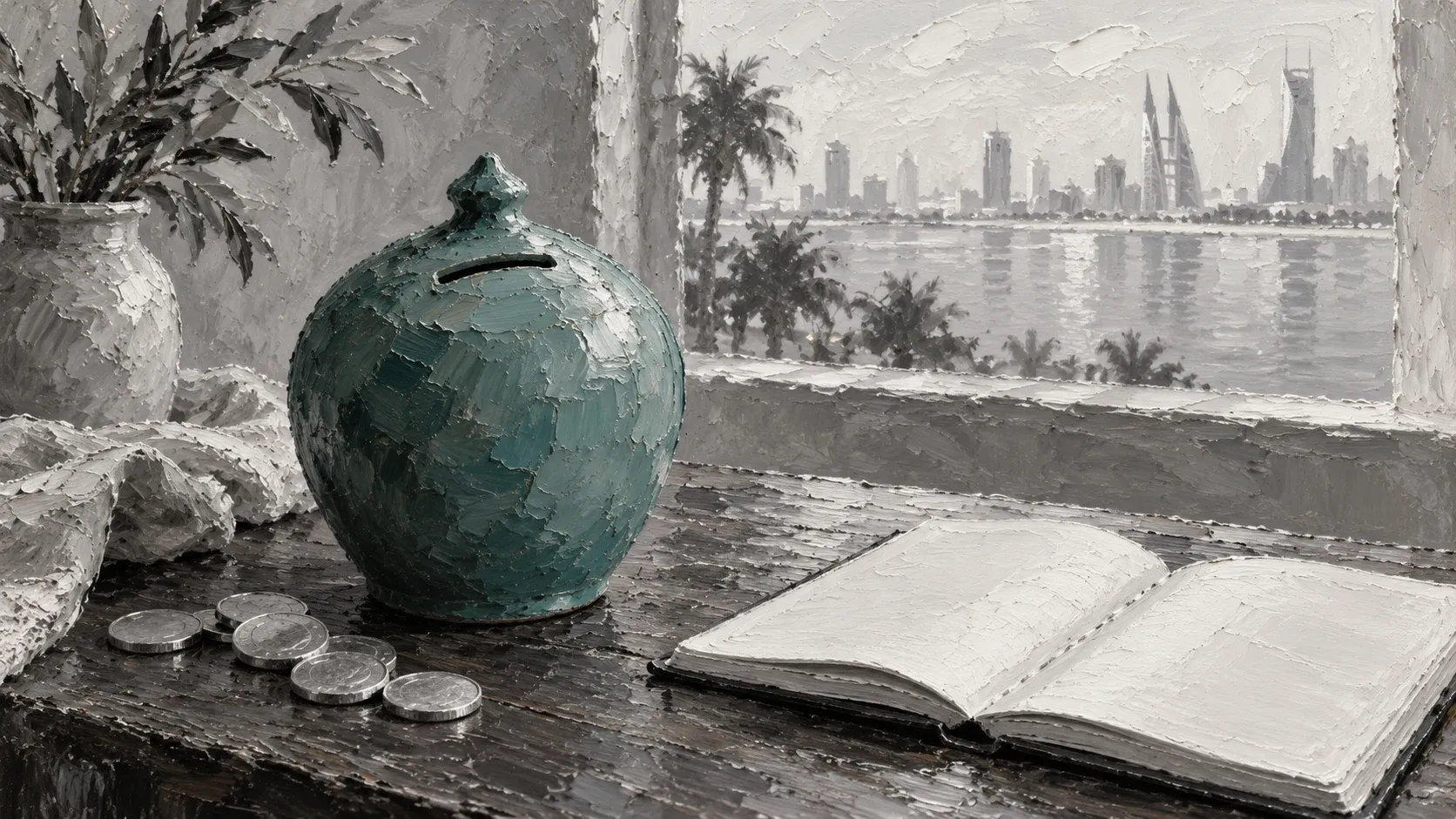A teal ceramic savings pot beside silver coins and an open blank notebook in a painted still life.