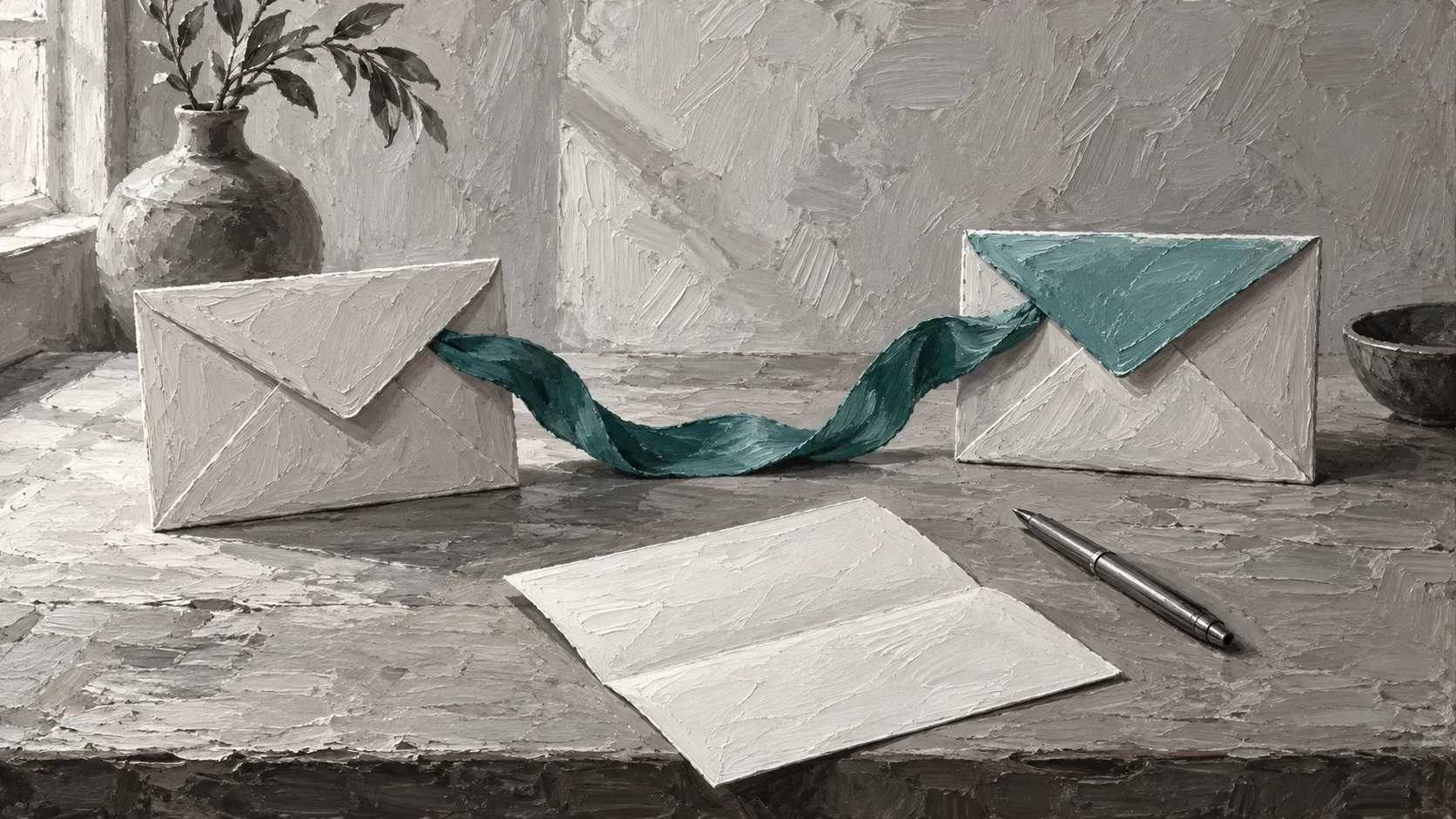 Two plain envelopes connected by a teal ribbon in a hand-painted remittance illustration.