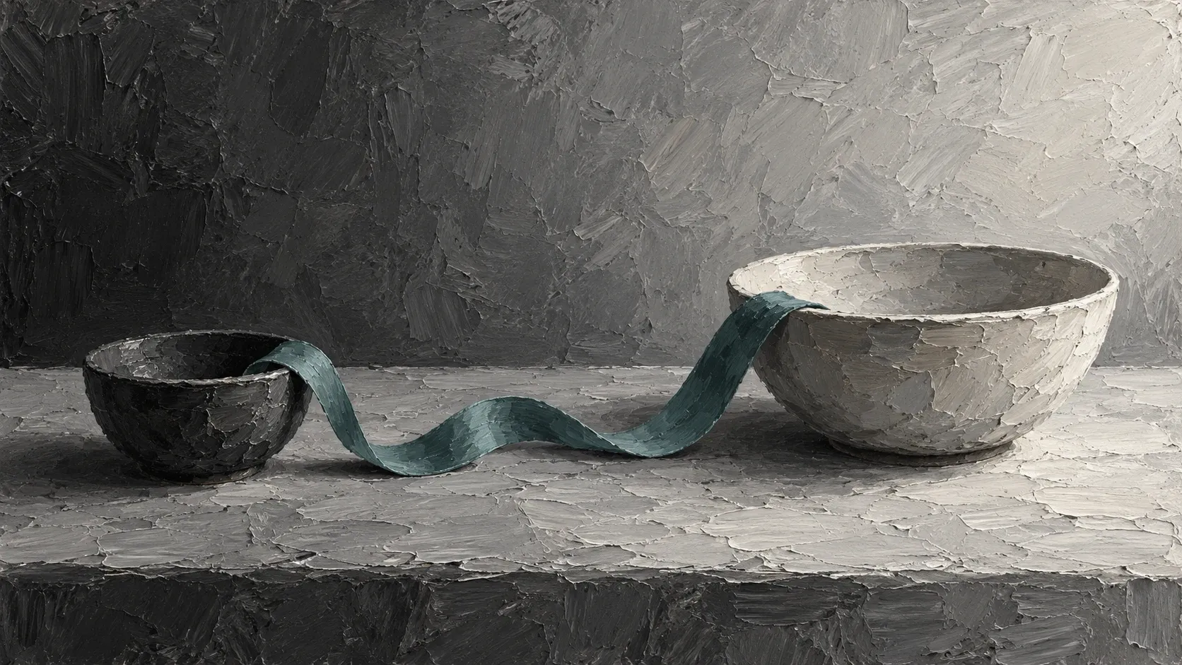 Two empty ceramic bowls linked by a muted teal ribbon across a gray table in a thickly painted still life.