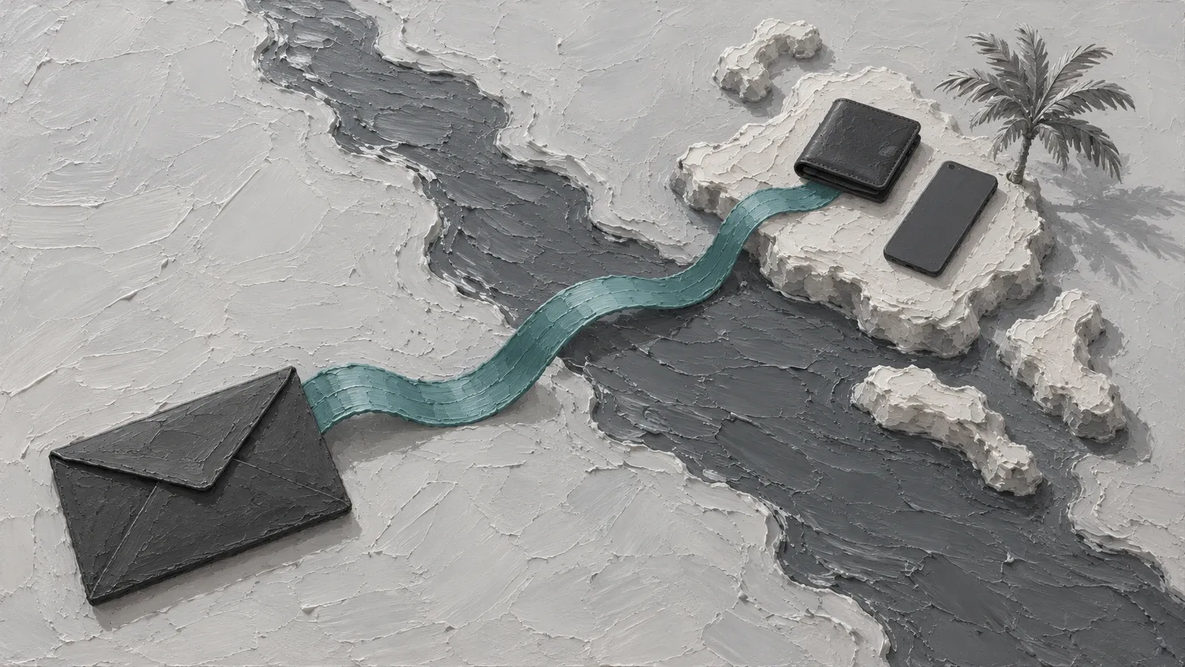 A teal ribbon crosses a gray channel from an envelope to a wallet and phone on abstract island forms.