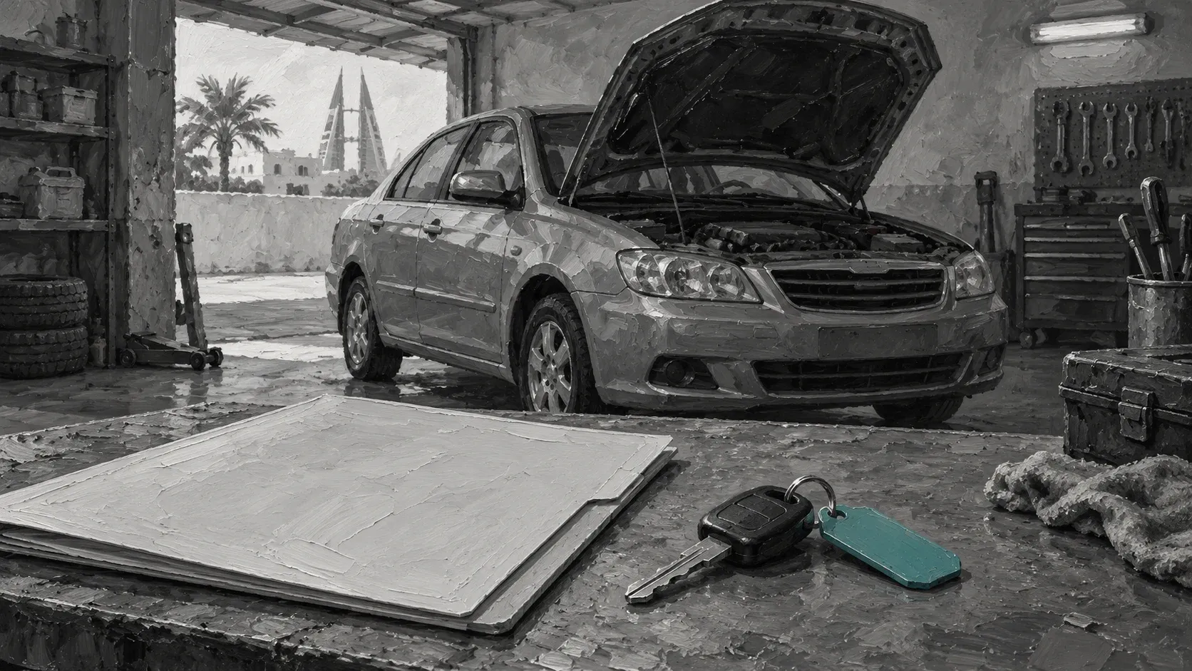An unbranded used car with a blank folder and teal key tag in a hand-painted garage scene.