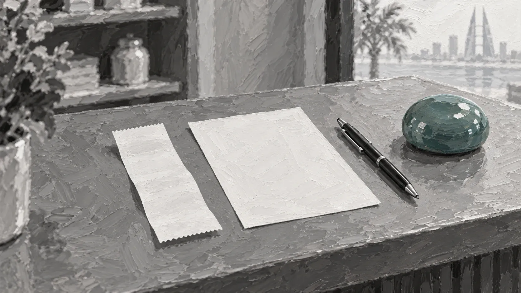 Blank receipt paper and a teal paperweight in a hand-painted invoice illustration.