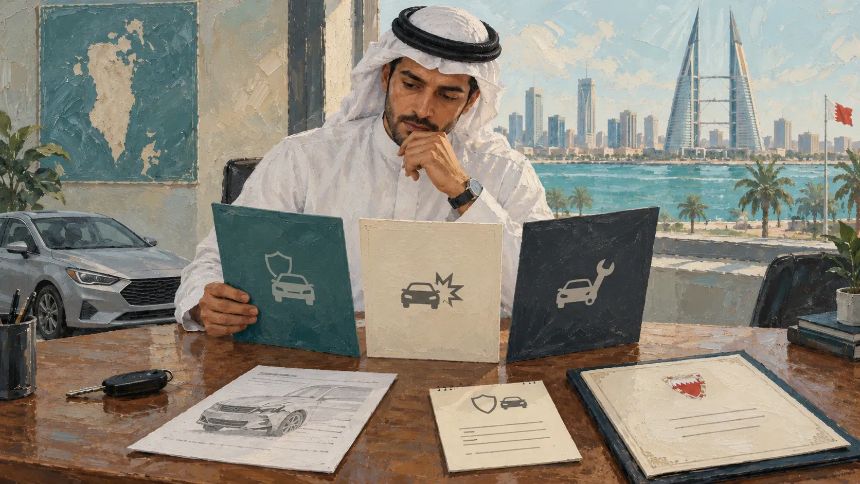 رسم تحريري أصلي لدليل أفضل شركة تأمين سيارات في البحرين: طريقة مقارنة عملية