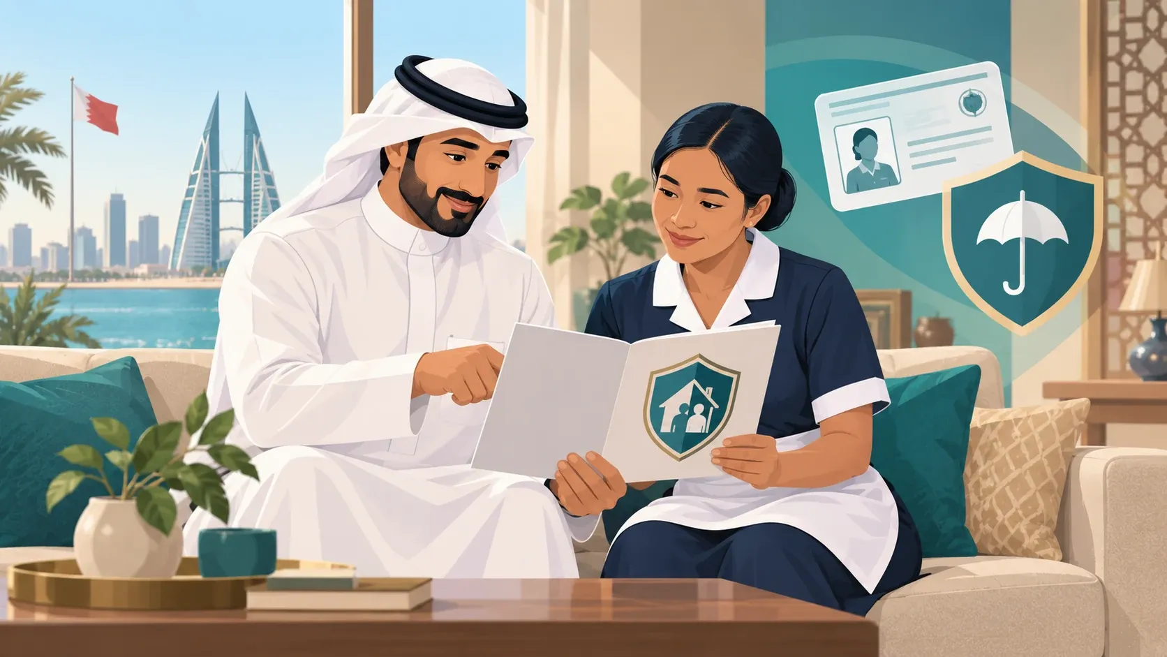 Original editorial illustration for Domestic-Worker Insurance in Bahrain: Optional Cover and Employer Checks