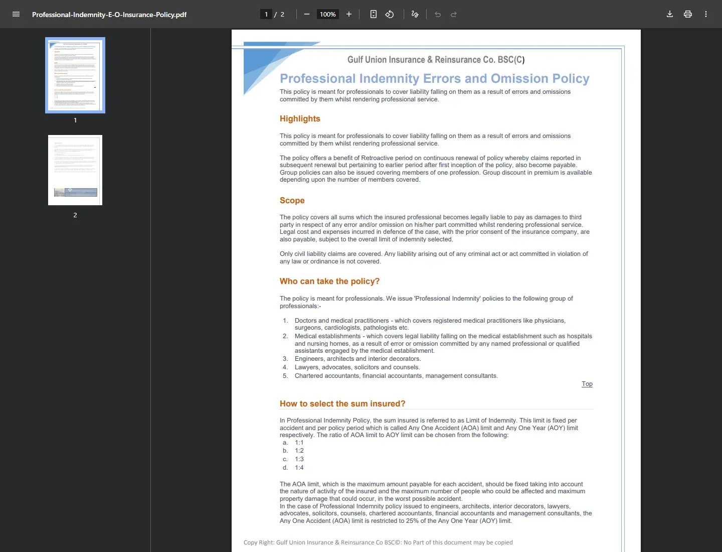 Gulf Union professional indemnity policy summary