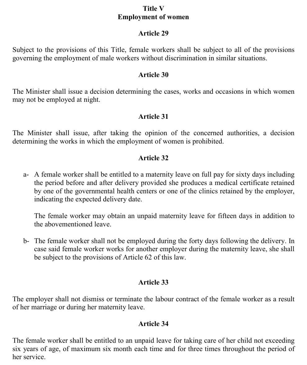 Official English Bahrain Labour Law Articles 32 to 34 on maternity and childcare leave