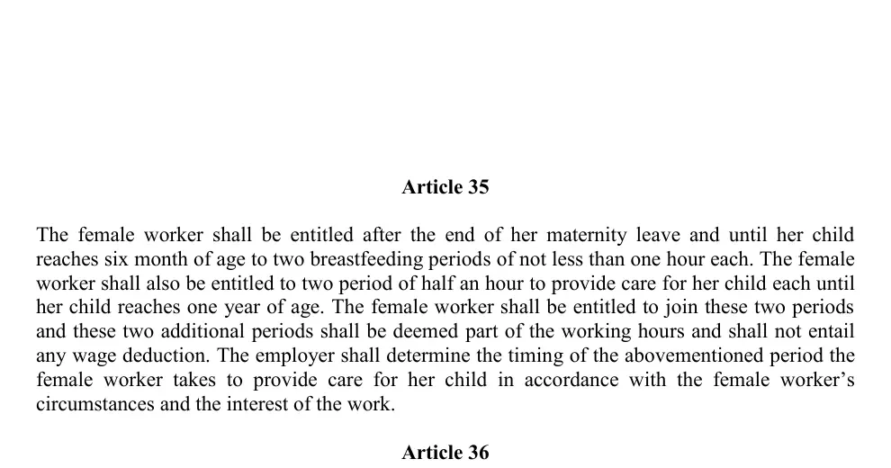 Official English Bahrain Labour Law Article 35 on nursing and childcare breaks