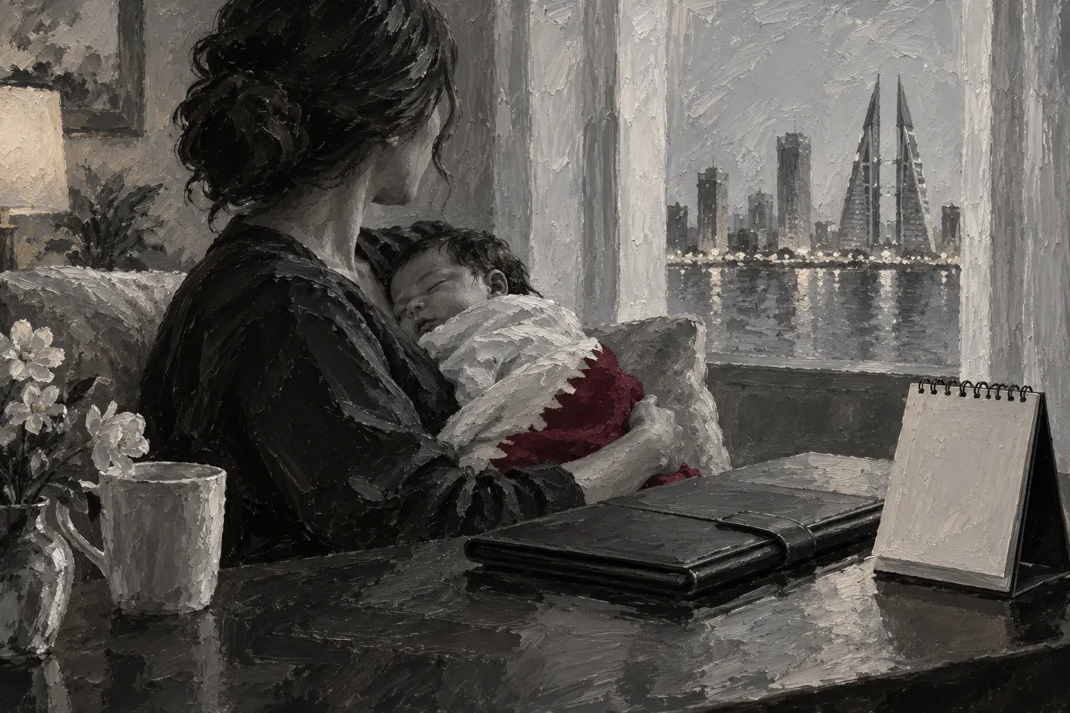 Original hand-painted illustration for bahrain maternity leave