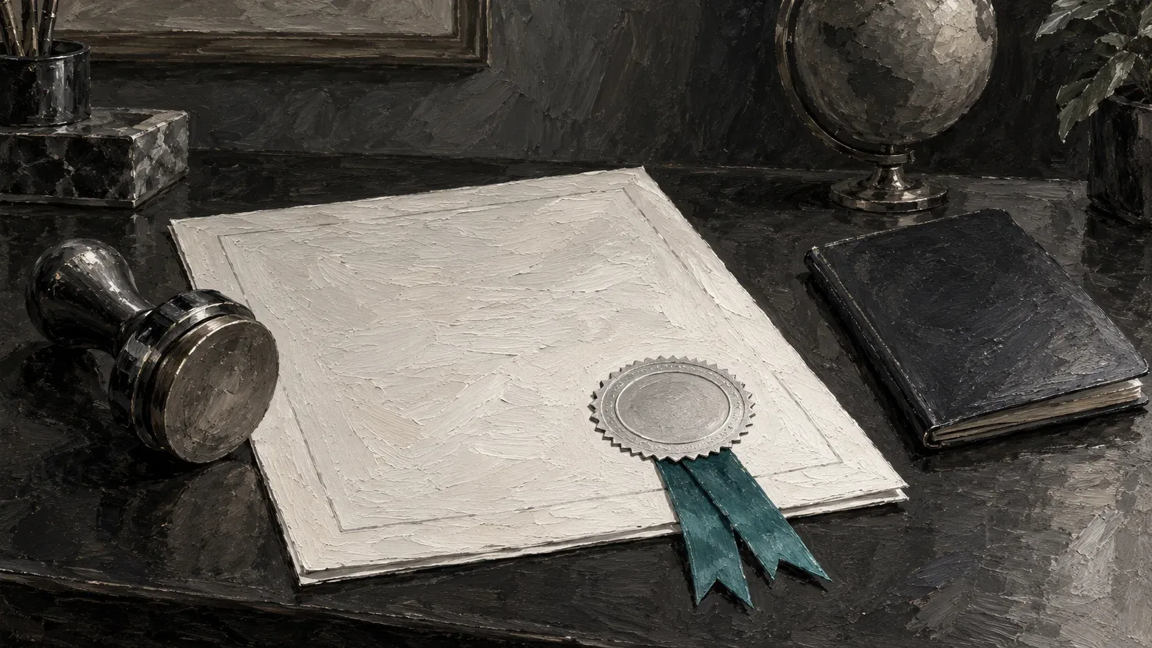 Hand-painted document with an embossing seal and teal ribbon